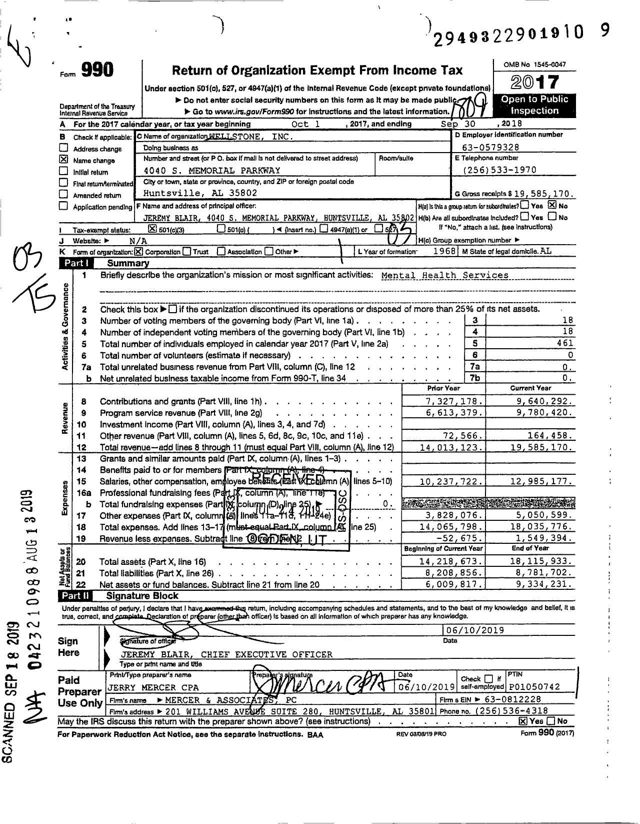 Image of first page of 2017 Form 990 for Wellstone