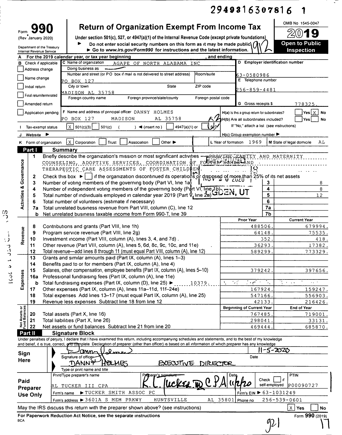 Image of first page of 2019 Form 990 for AGAPE of North Alabama