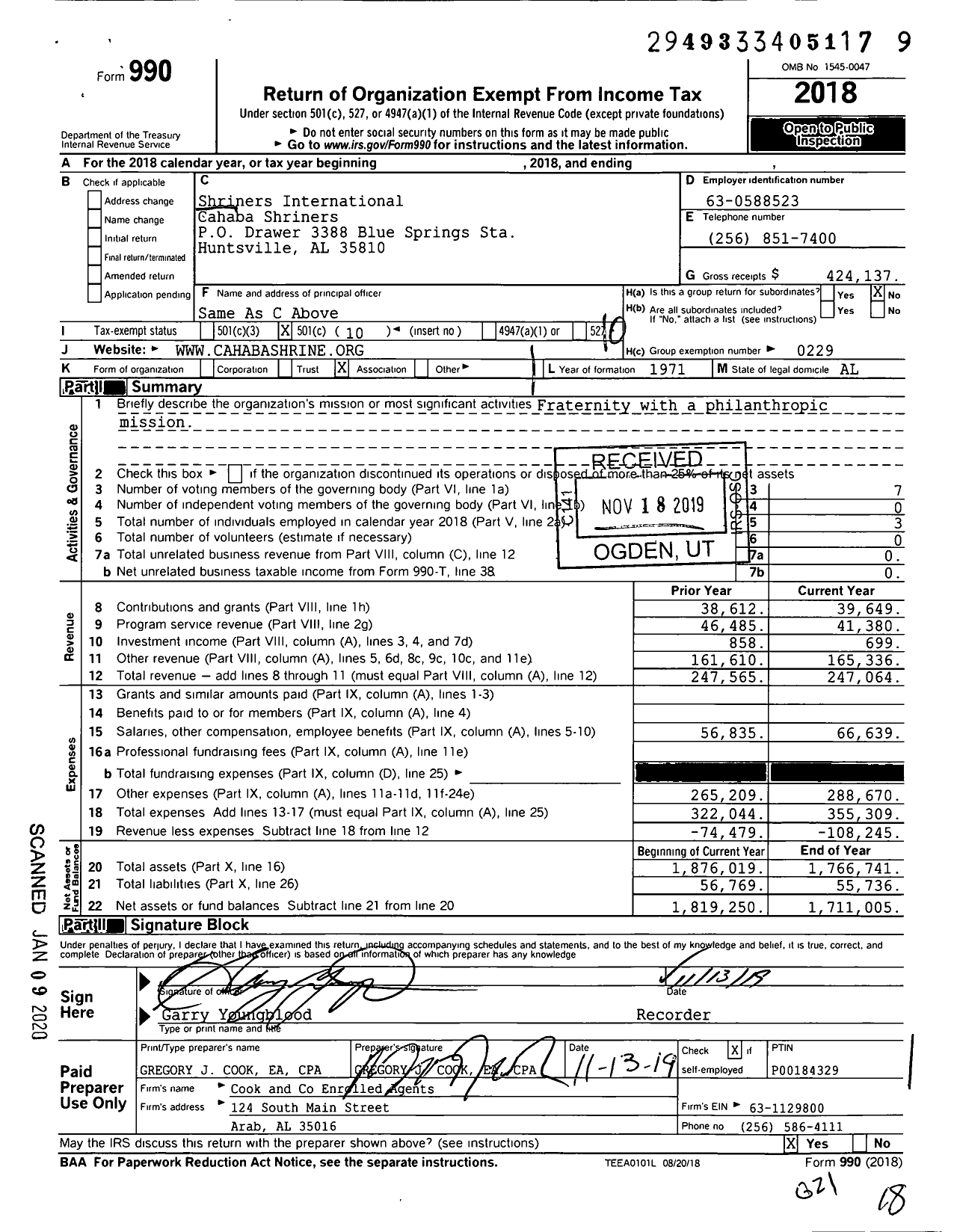 Image of first page of 2018 Form 990O for Shriners International CAHABA SHRINE Center