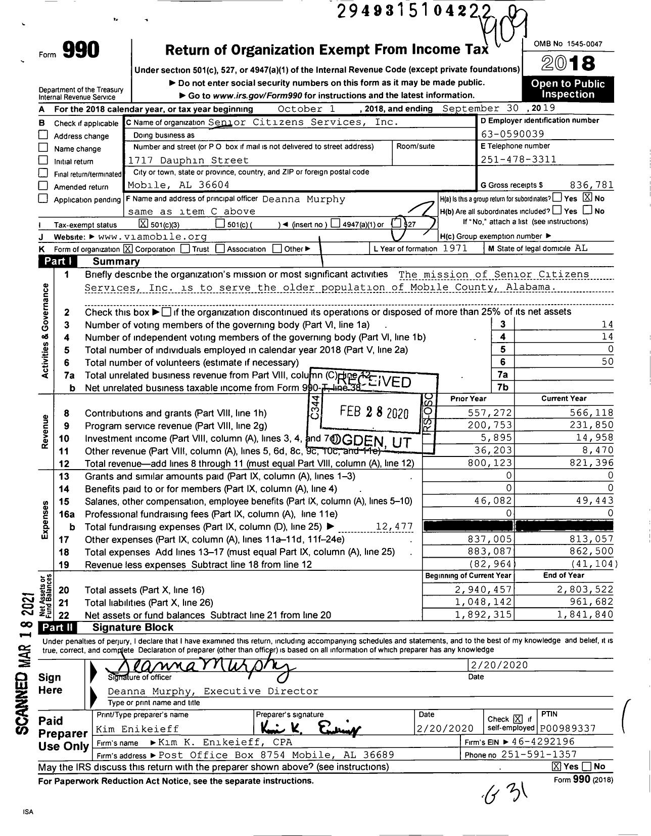 Image of first page of 2018 Form 990 for Senior Citizens Services