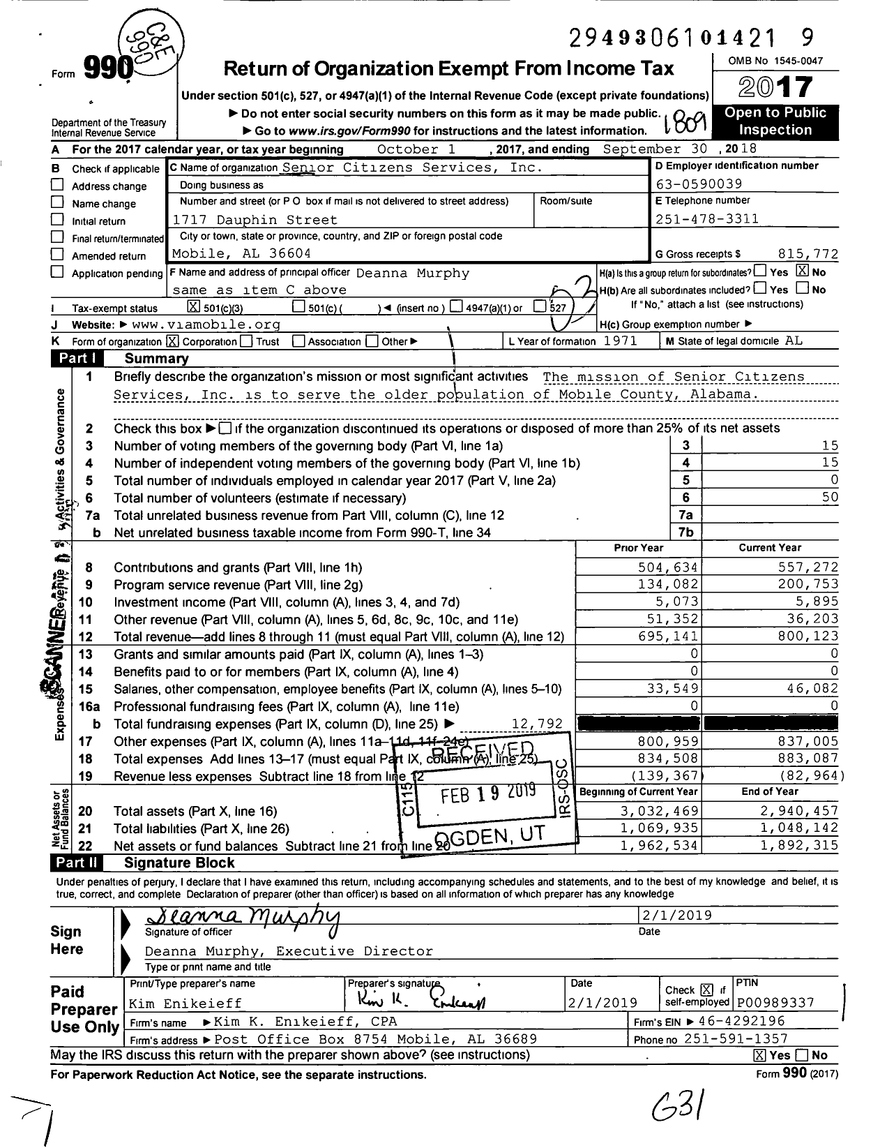 Image of first page of 2017 Form 990 for Senior Citizens Services