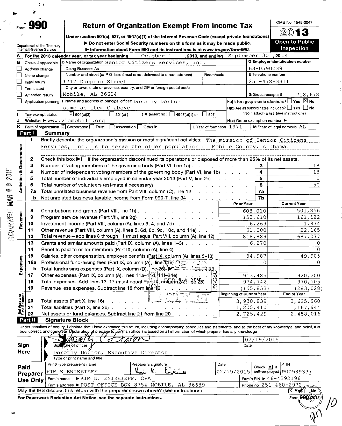 Image of first page of 2013 Form 990 for Senior Citizens Services