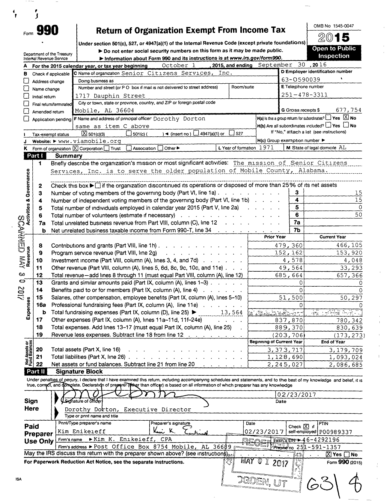 Image of first page of 2015 Form 990 for Senior Citizens Services