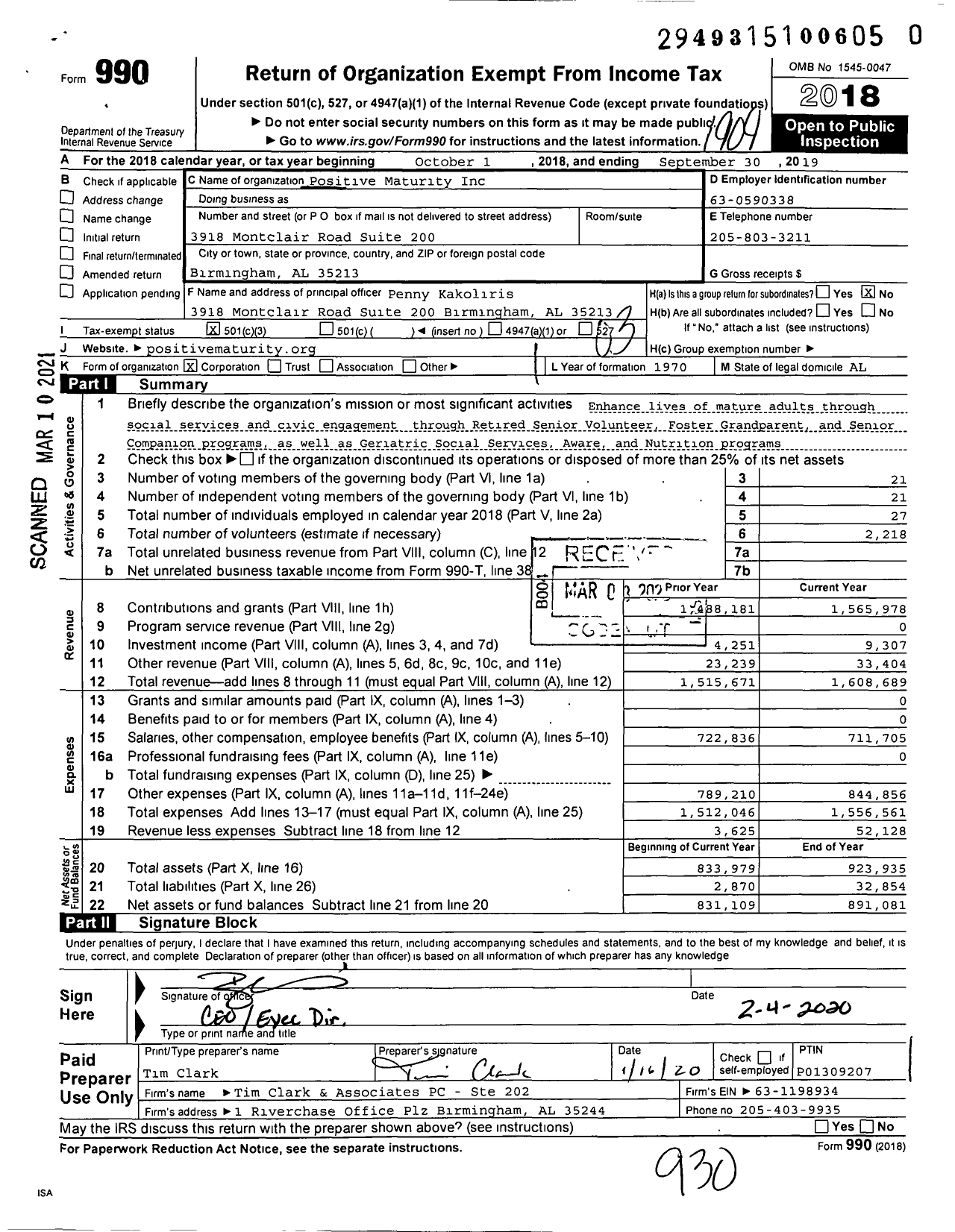 Image of first page of 2018 Form 990 for Positive Maturity