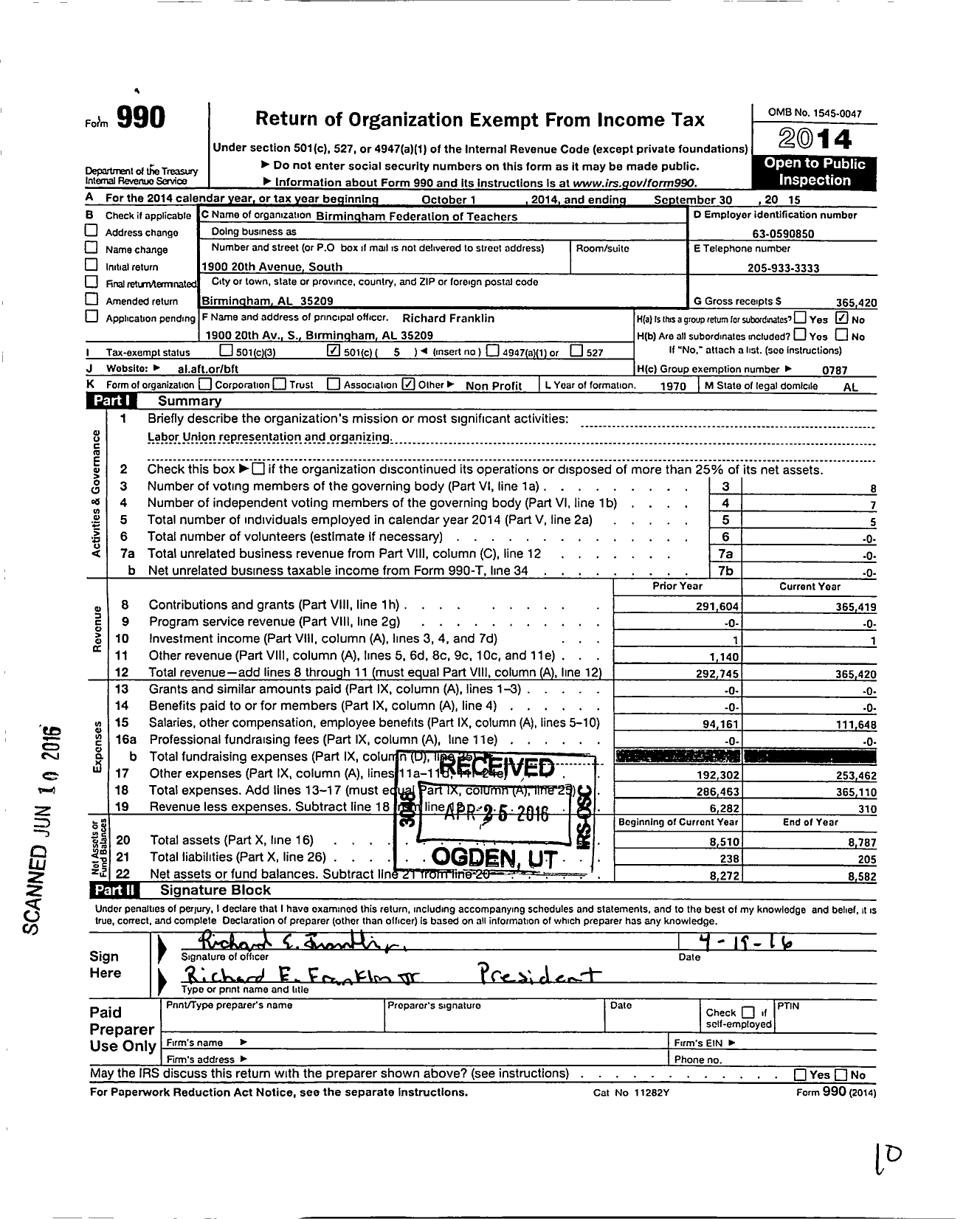 Image of first page of 2014 Form 990O for American Federation of Teachers - Birmingham Federation of Teachers