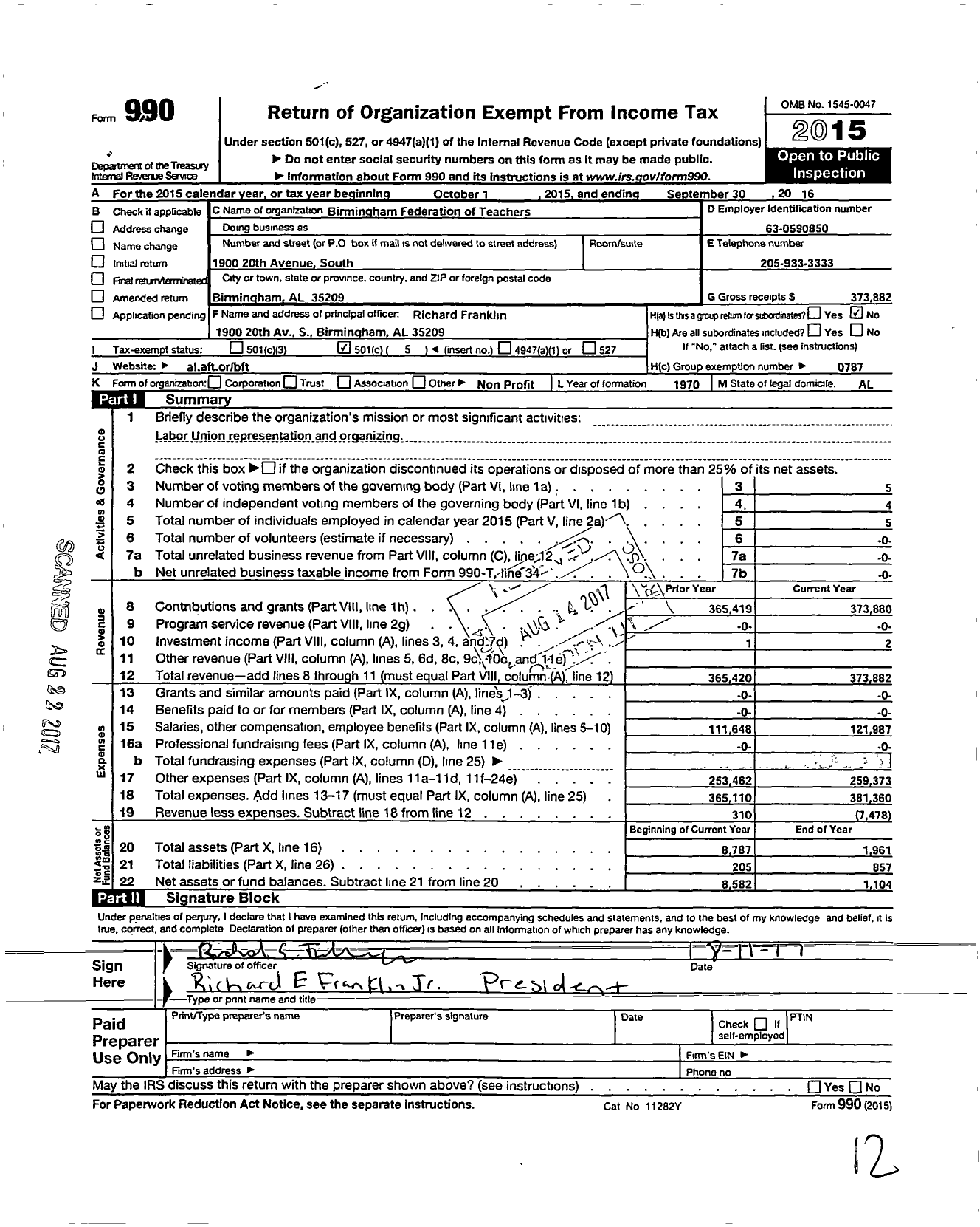 Image of first page of 2015 Form 990O for American Federation of Teachers - Birmingham Federation of Teachers