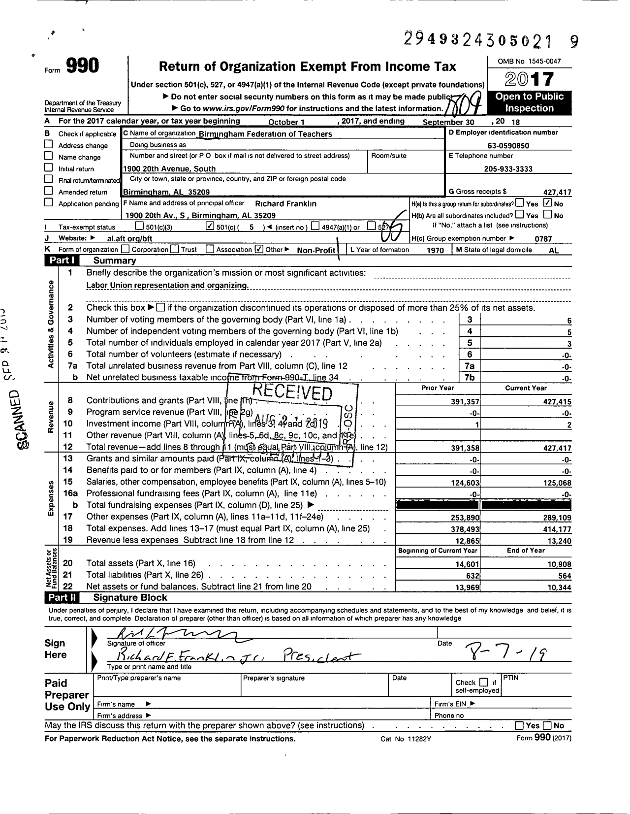 Image of first page of 2017 Form 990O for American Federation of Teachers - Birmingham Federation of Teachers