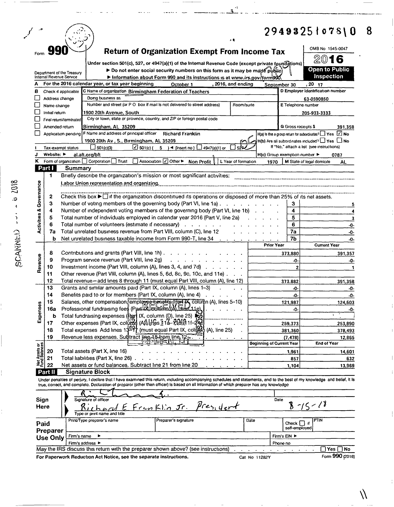 Image of first page of 2016 Form 990O for American Federation of Teachers - Birmingham Federation of Teachers