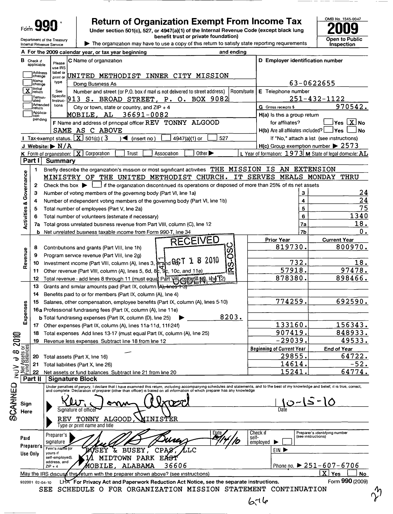 Image of first page of 2009 Form 990 for United Methodist Inner City Mission