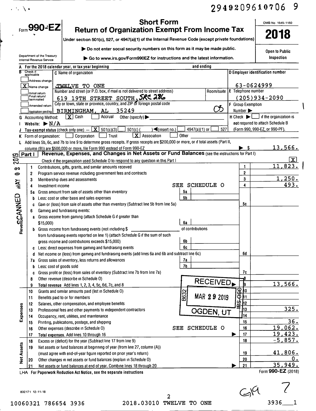 Image of first page of 2018 Form 990EZ for Twelve To One