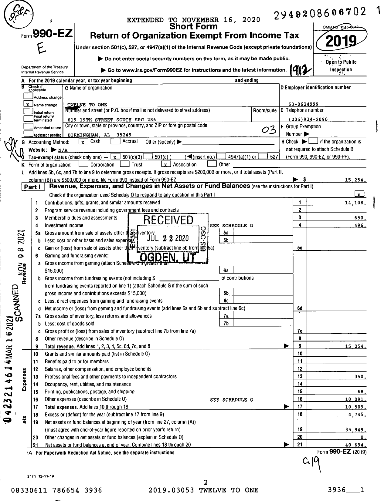Image of first page of 2019 Form 990EZ for Twelve To One