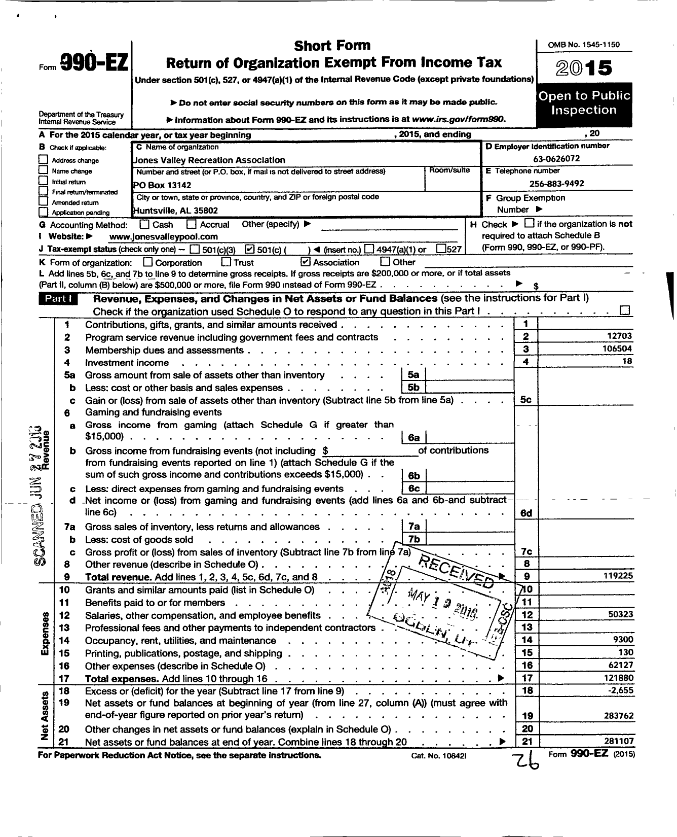 Image of first page of 2015 Form 990EO for Jones Valley Recreation Association