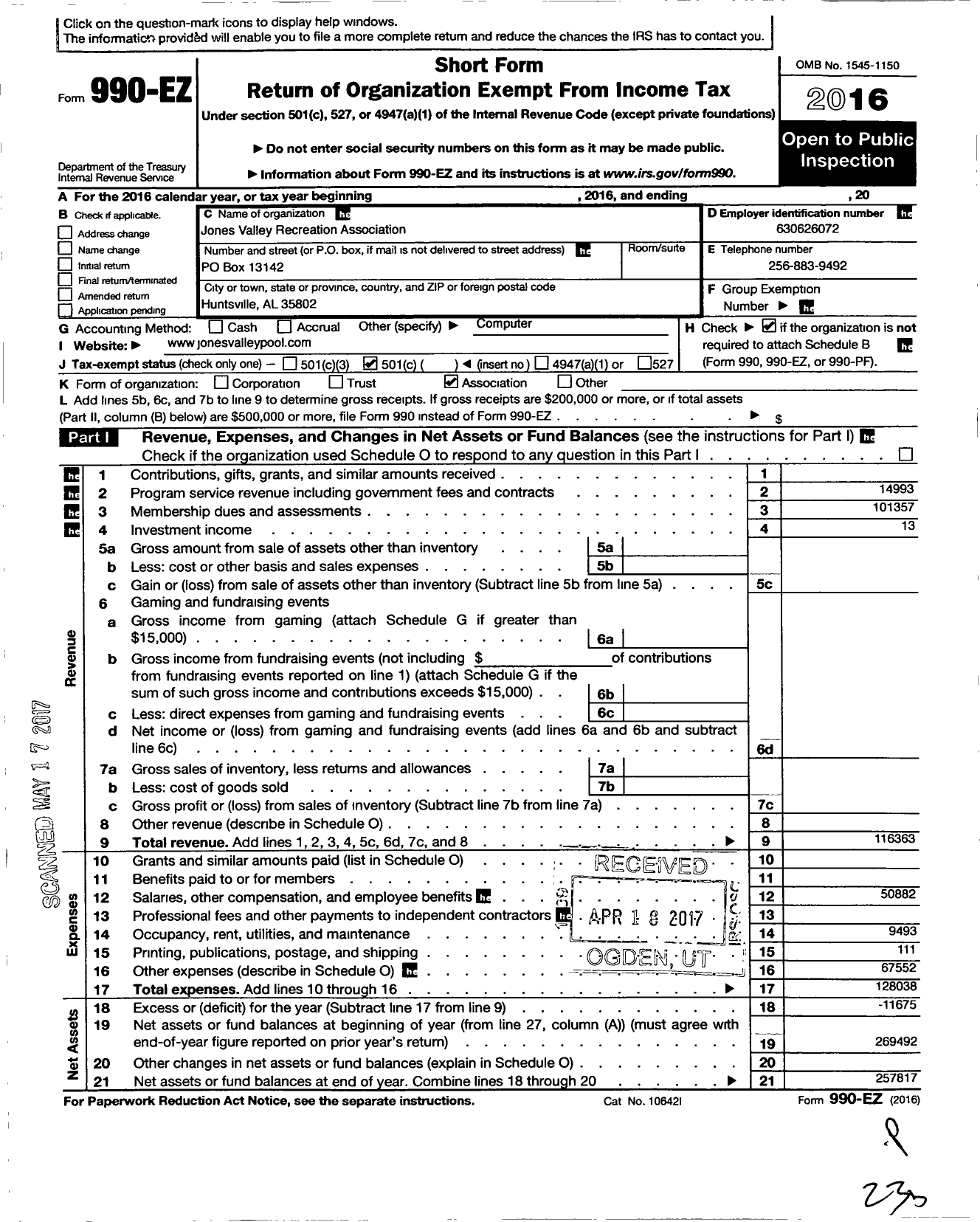 Image of first page of 2016 Form 990EO for Jones Valley Recreation Association