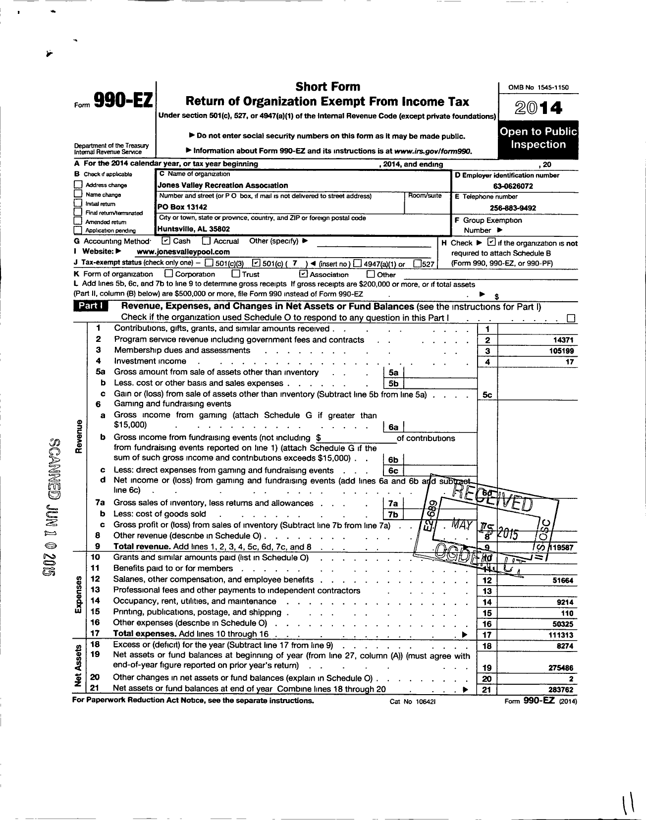 Image of first page of 2014 Form 990EO for Jones Valley Recreation Association