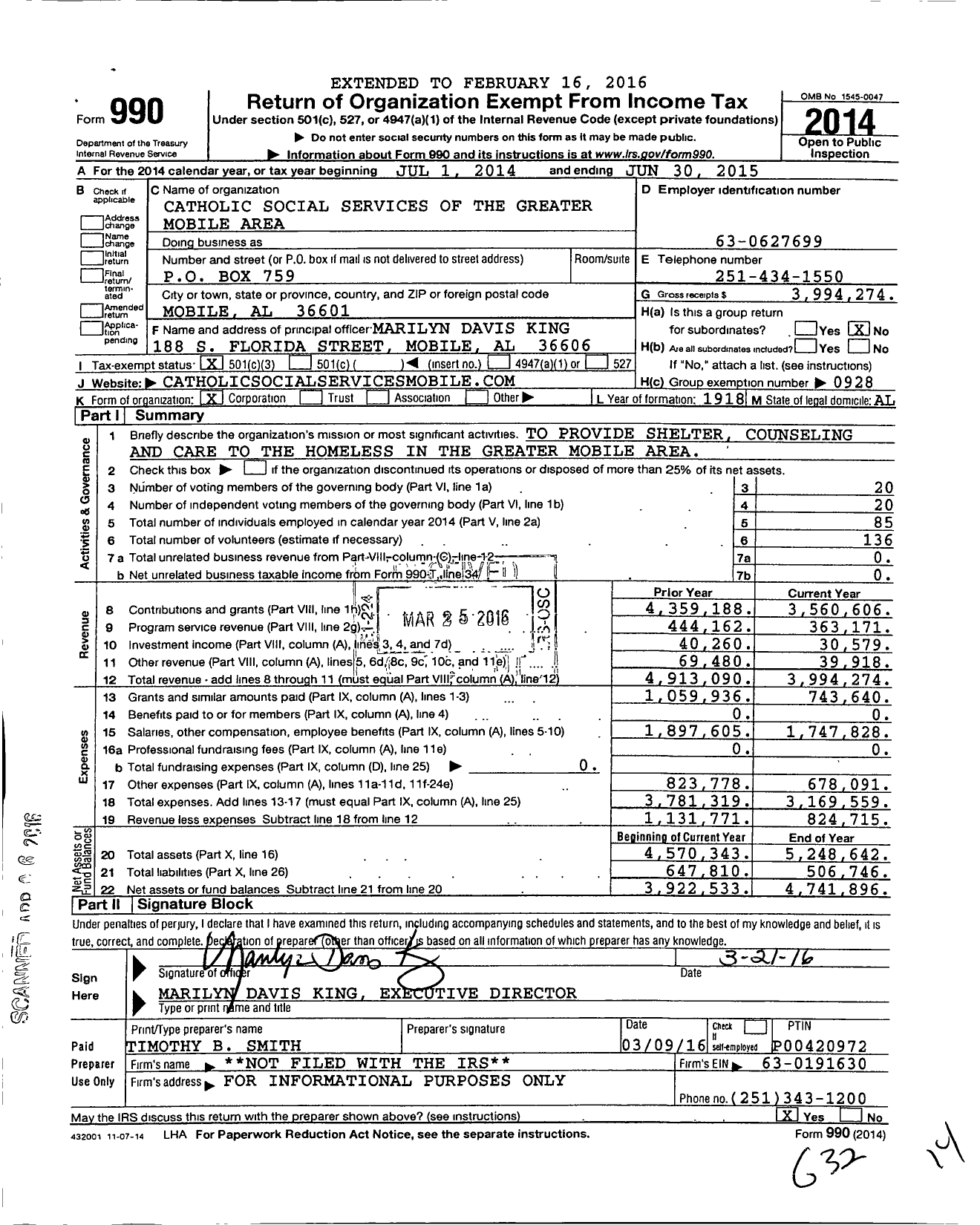 Image of first page of 2014 Form 990 for Catholic Social Services / Archdiocese of Mobile