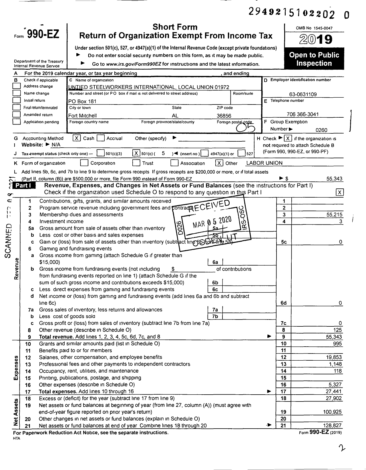 Image of first page of 2019 Form 990EO for United Steelworkers - 01972 Local