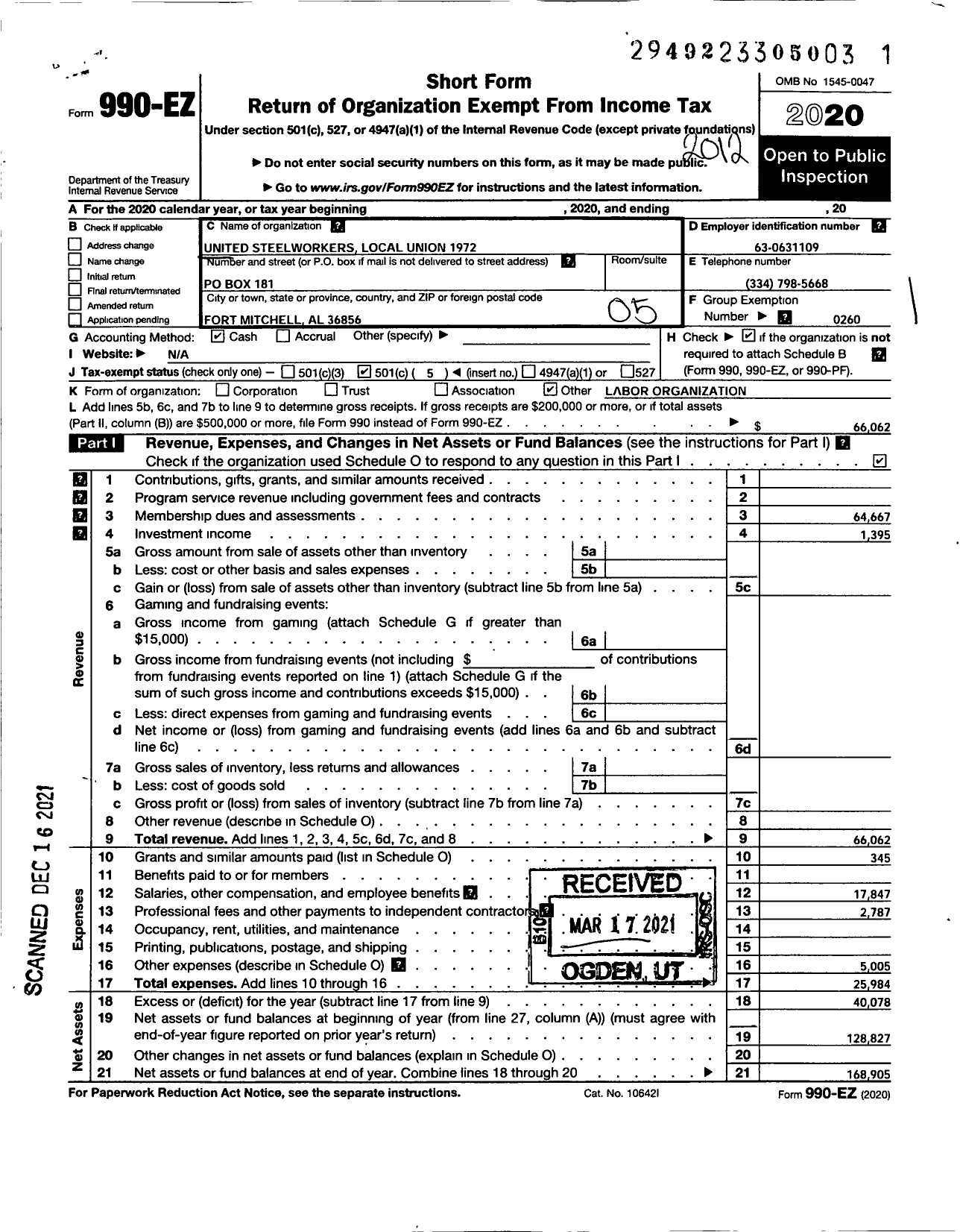 Image of first page of 2020 Form 990EO for United Steelworkers - 01972 Local