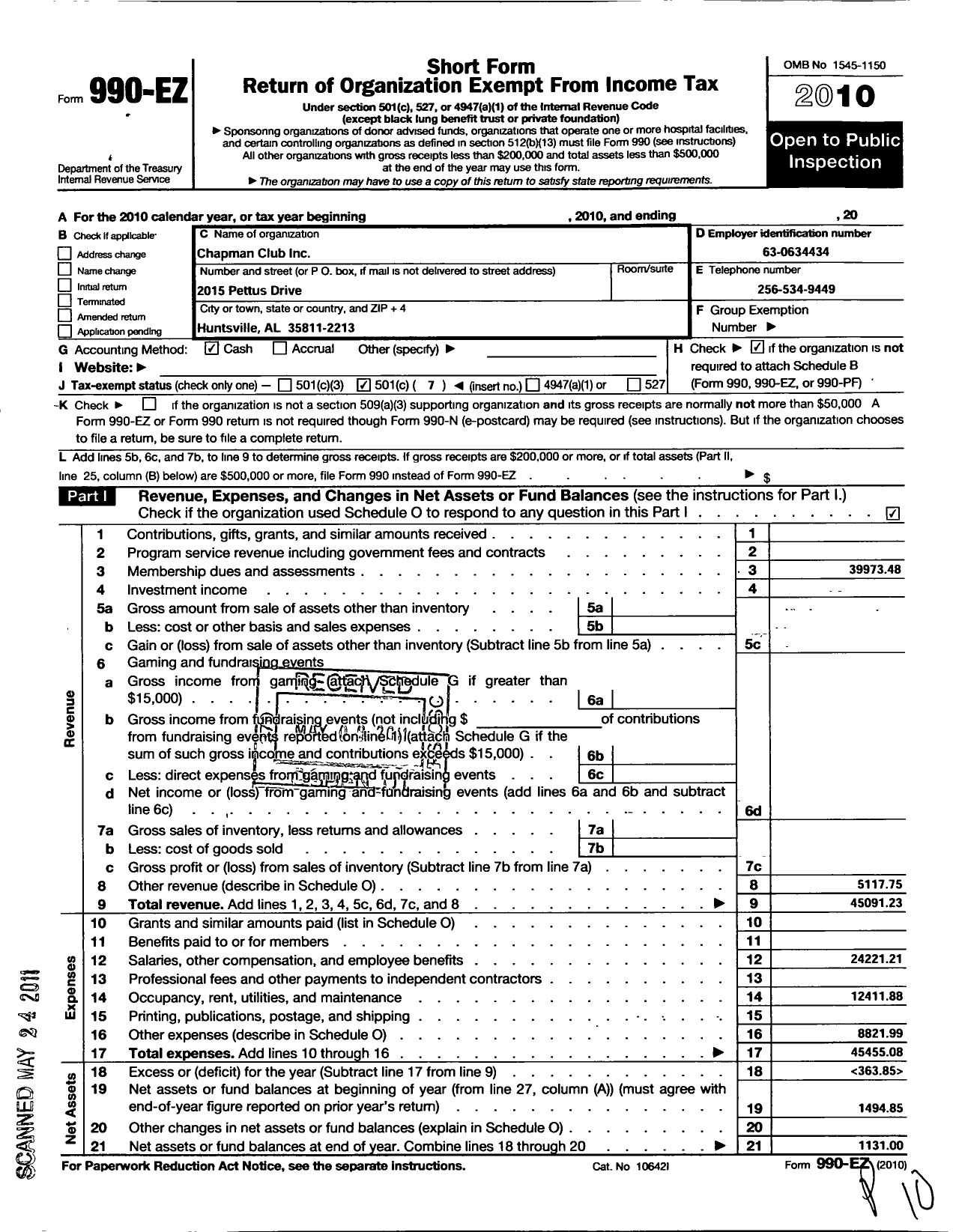 Image of first page of 2010 Form 990EO for Chapman Club