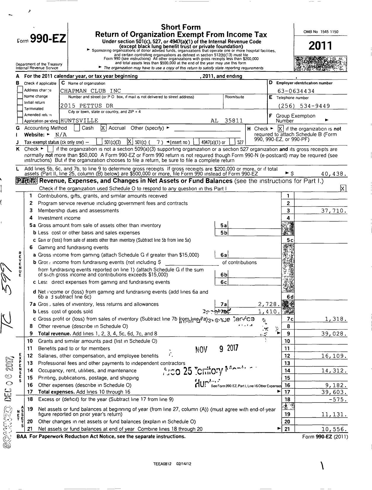 Image of first page of 2011 Form 990EO for Chapman Club