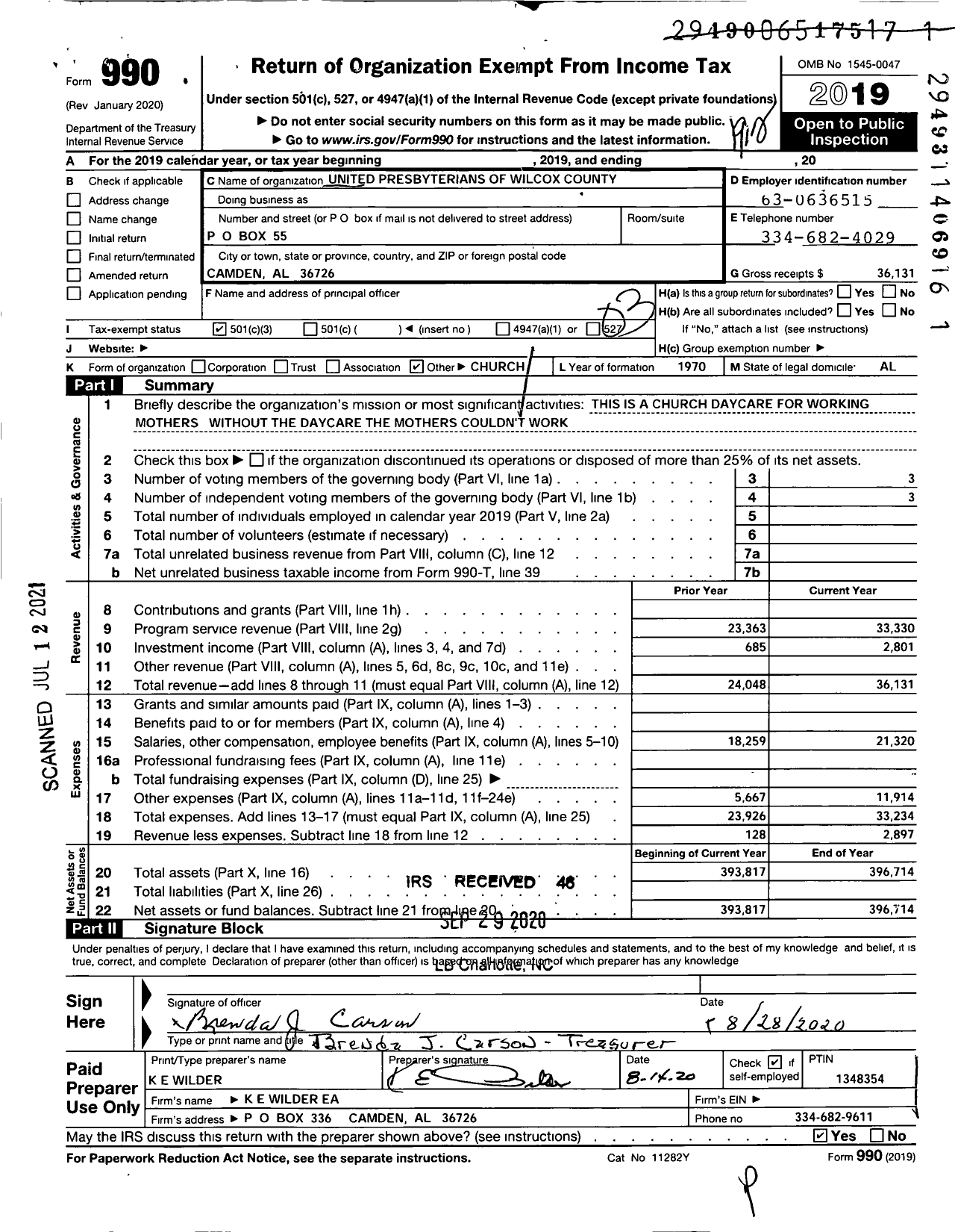 Image of first page of 2019 Form 990 for UNITED PRESBYTERIANS OF WIlcoX COUNTY