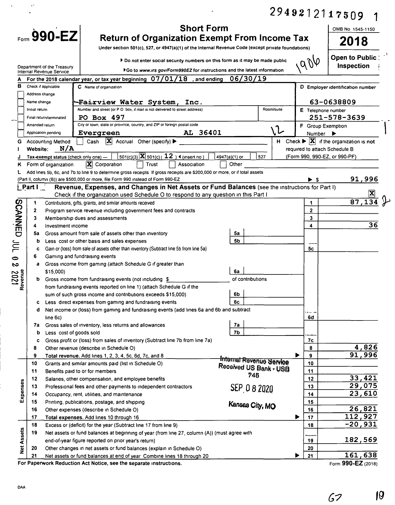 Image of first page of 2018 Form 990EO for Fairview Water System