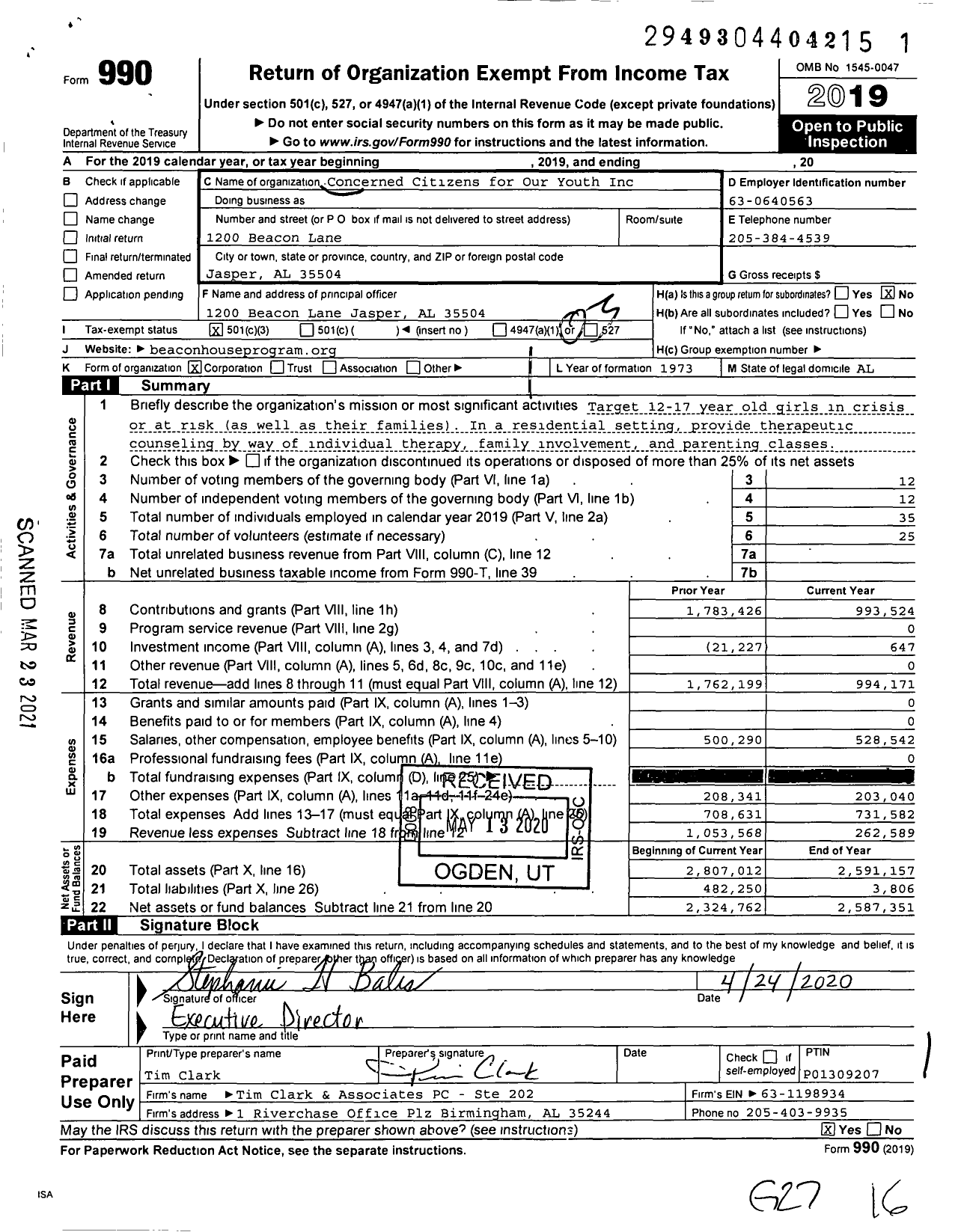 Image of first page of 2019 Form 990 for Beacon House / Concerned Citizens for Our Youth Inc