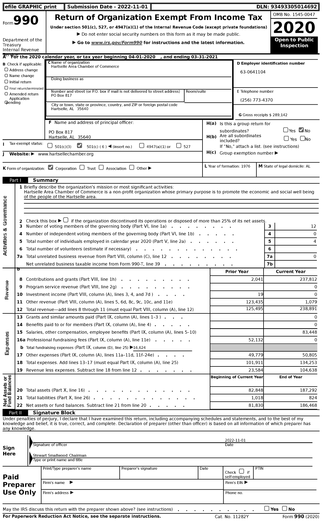 Image of first page of 2020 Form 990 for Hartselle Area Chamber of Commerce