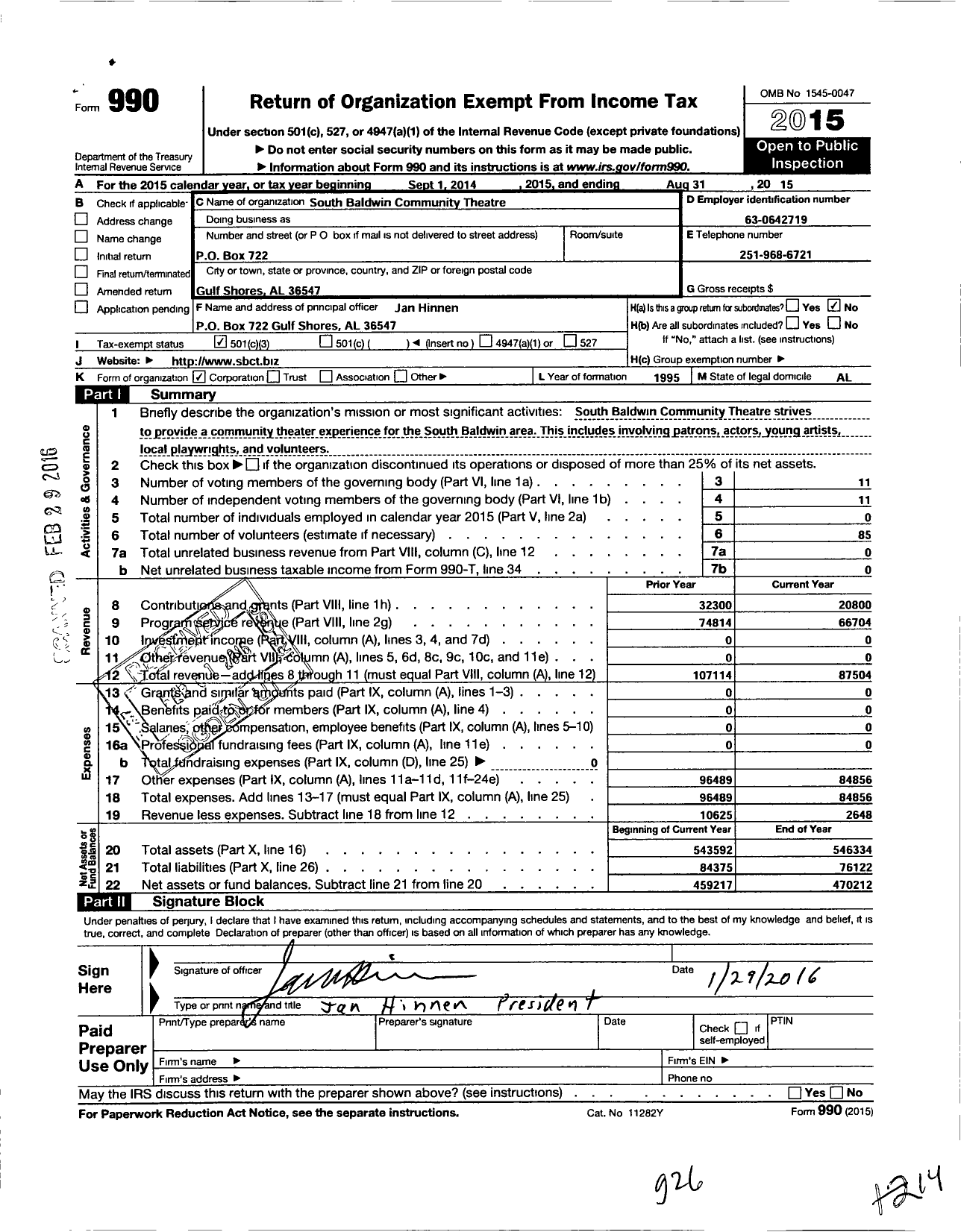 Image of first page of 2014 Form 990 for South Baldwin Community Theatre