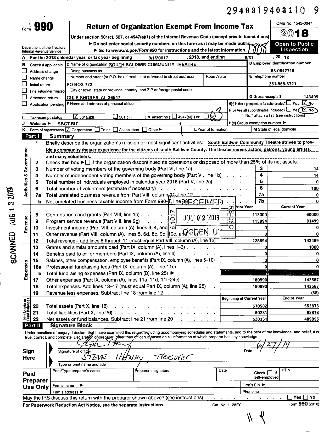 Image of first page of 2017 Form 990 for South Baldwin Community Theatre