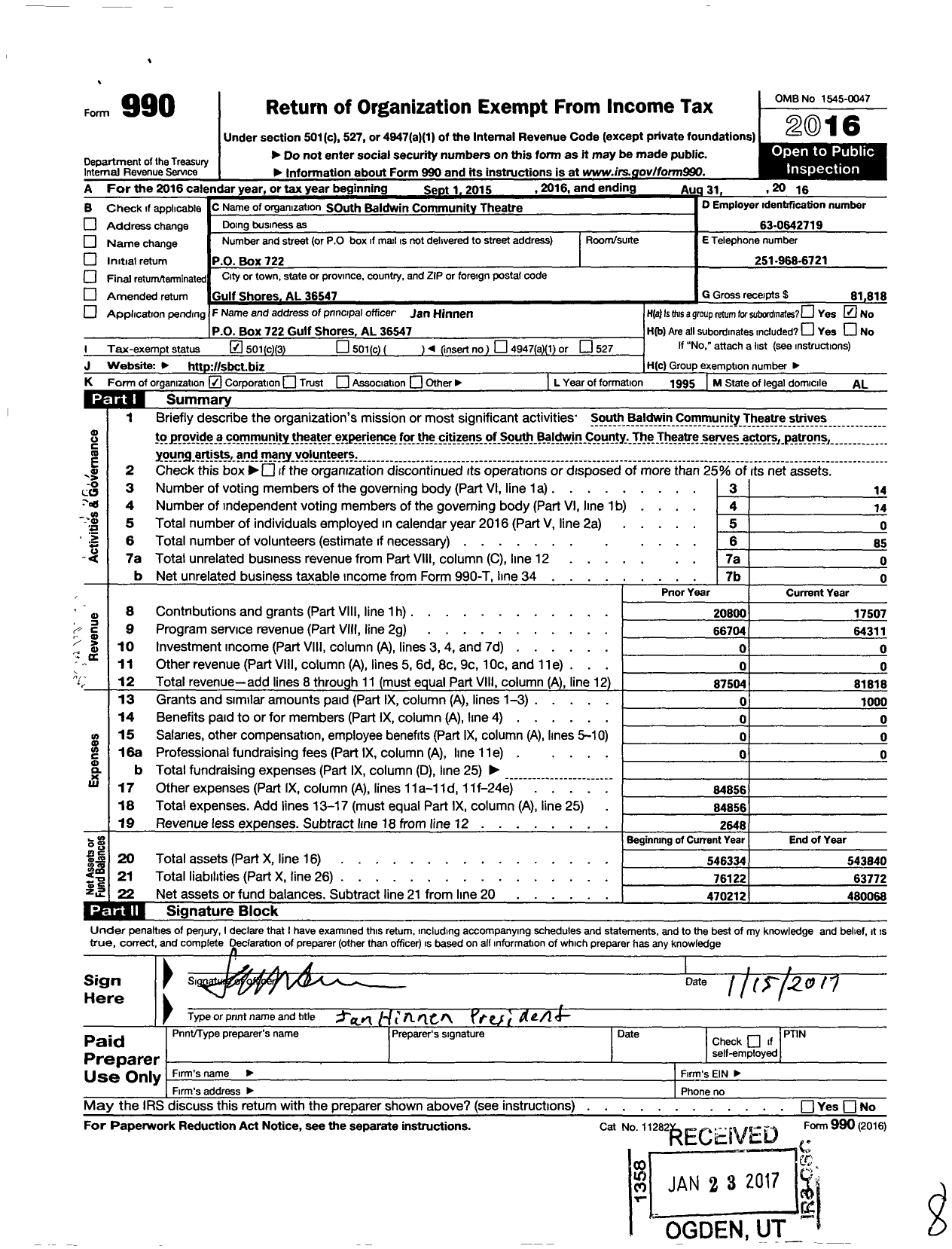 Image of first page of 2015 Form 990 for South Baldwin Community Theatre