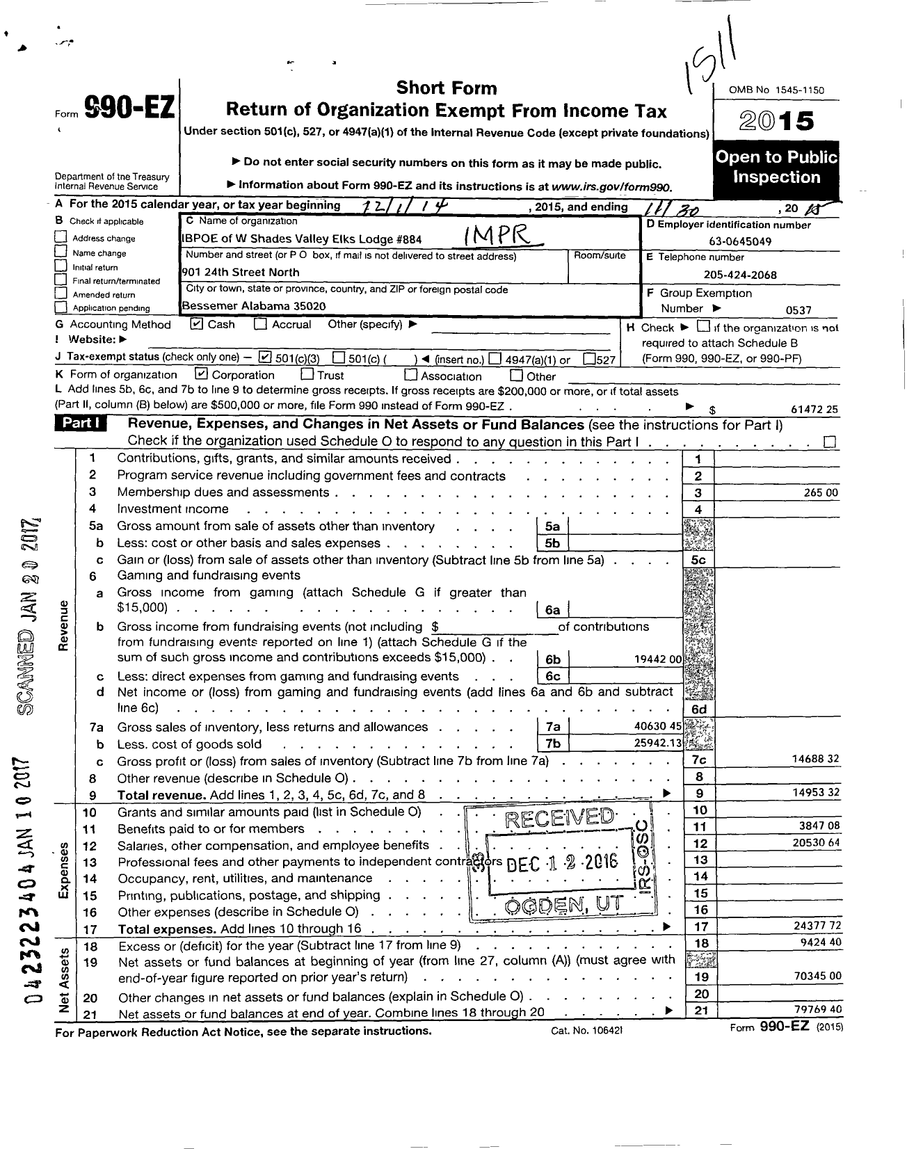 Image of first page of 2014 Form 990EZ for Improved Benevolent and Protective Order of ELKS of the World - 884 SHADES VALLEY LODGE