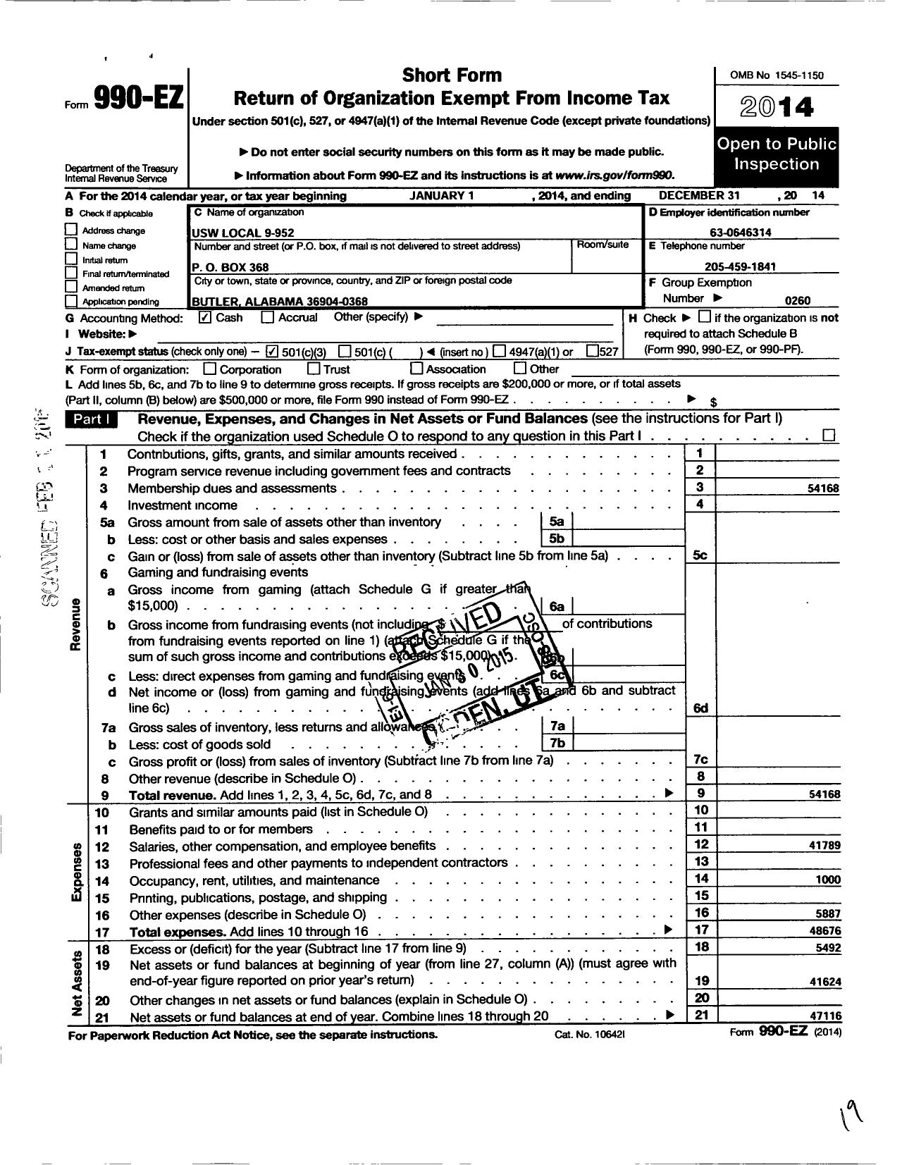 Image of first page of 2014 Form 990EZ for United Steelworkers - 9-0952 United Steelworkers Local Un