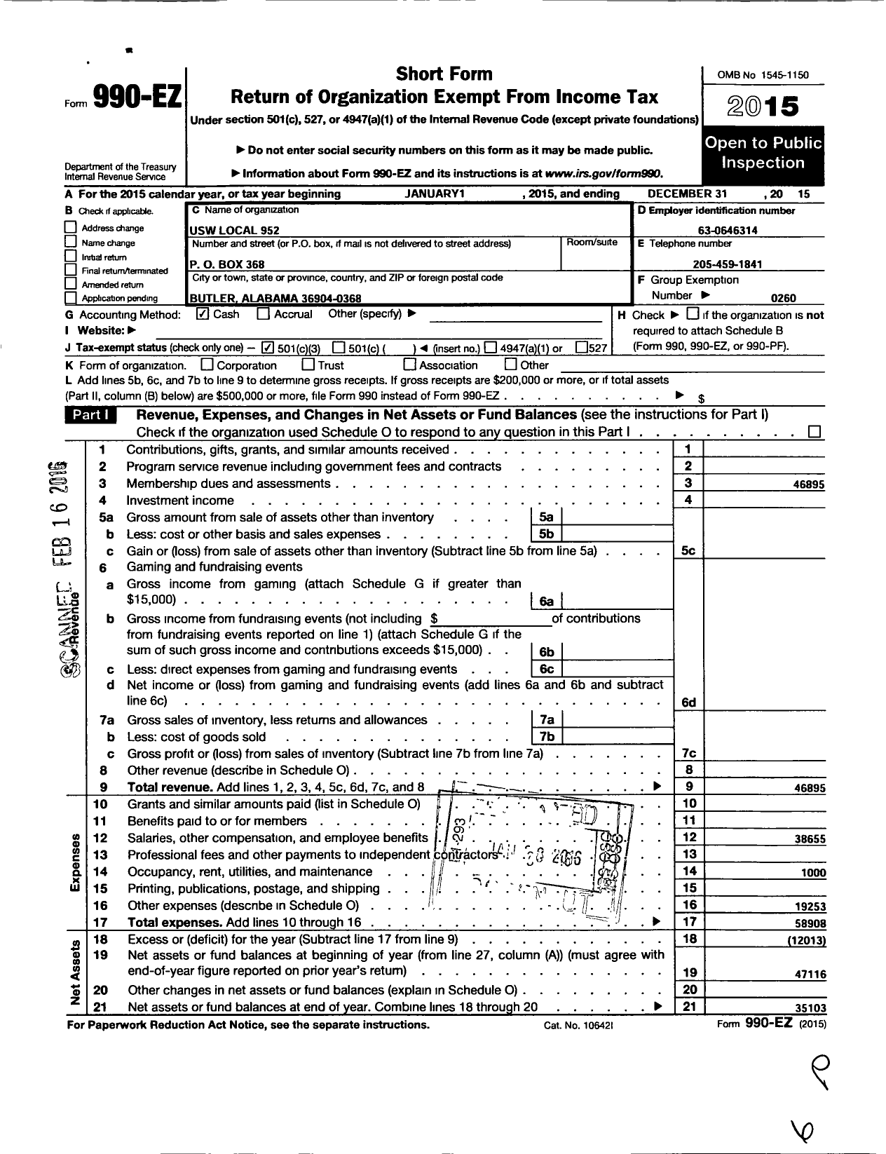 Image of first page of 2015 Form 990EZ for United Steelworkers - 9-0952 United Steelworkers Local Un