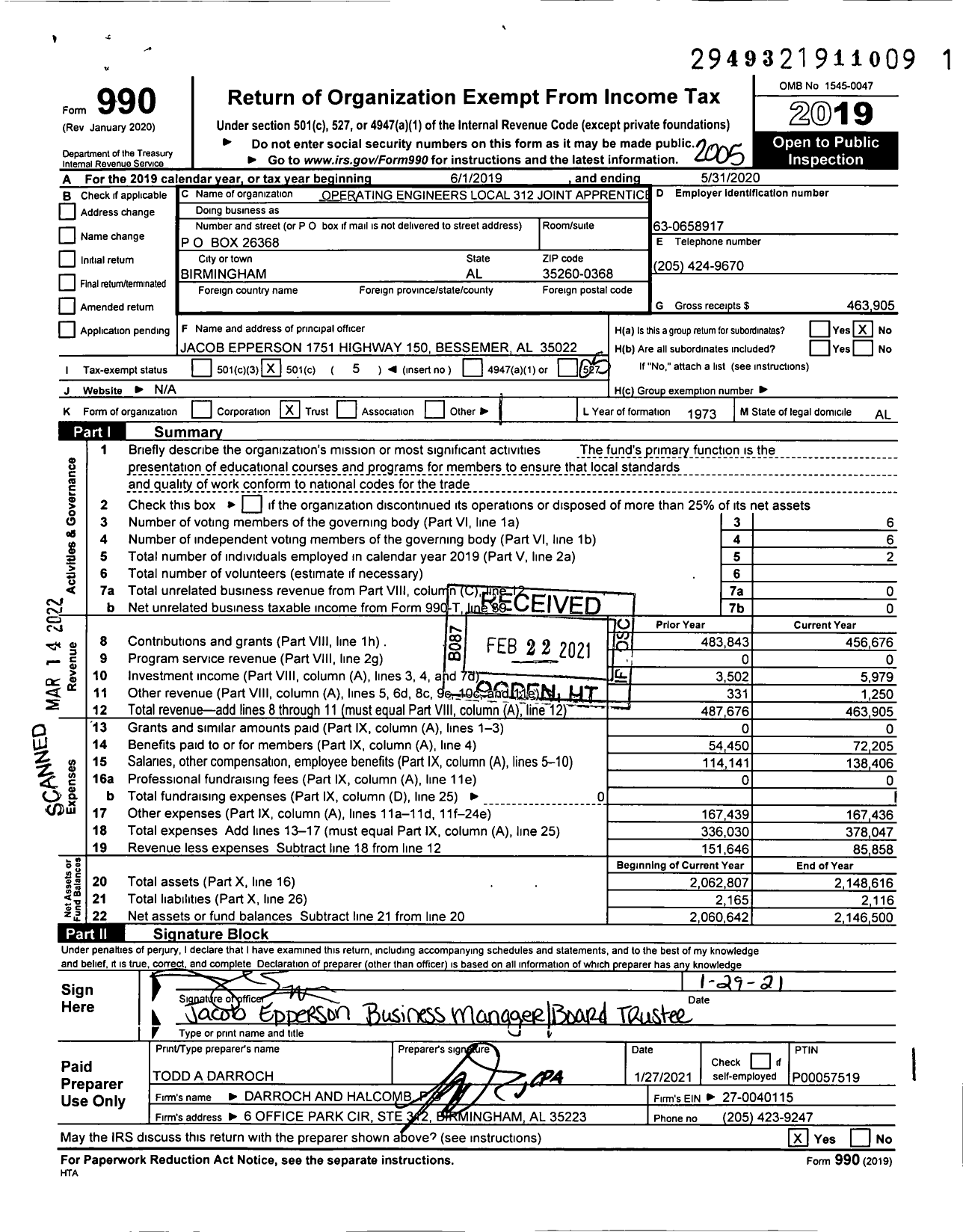 Image of first page of 2019 Form 990O for Operating Engineers Local 312 Joint Apprenticeship and Training Fund