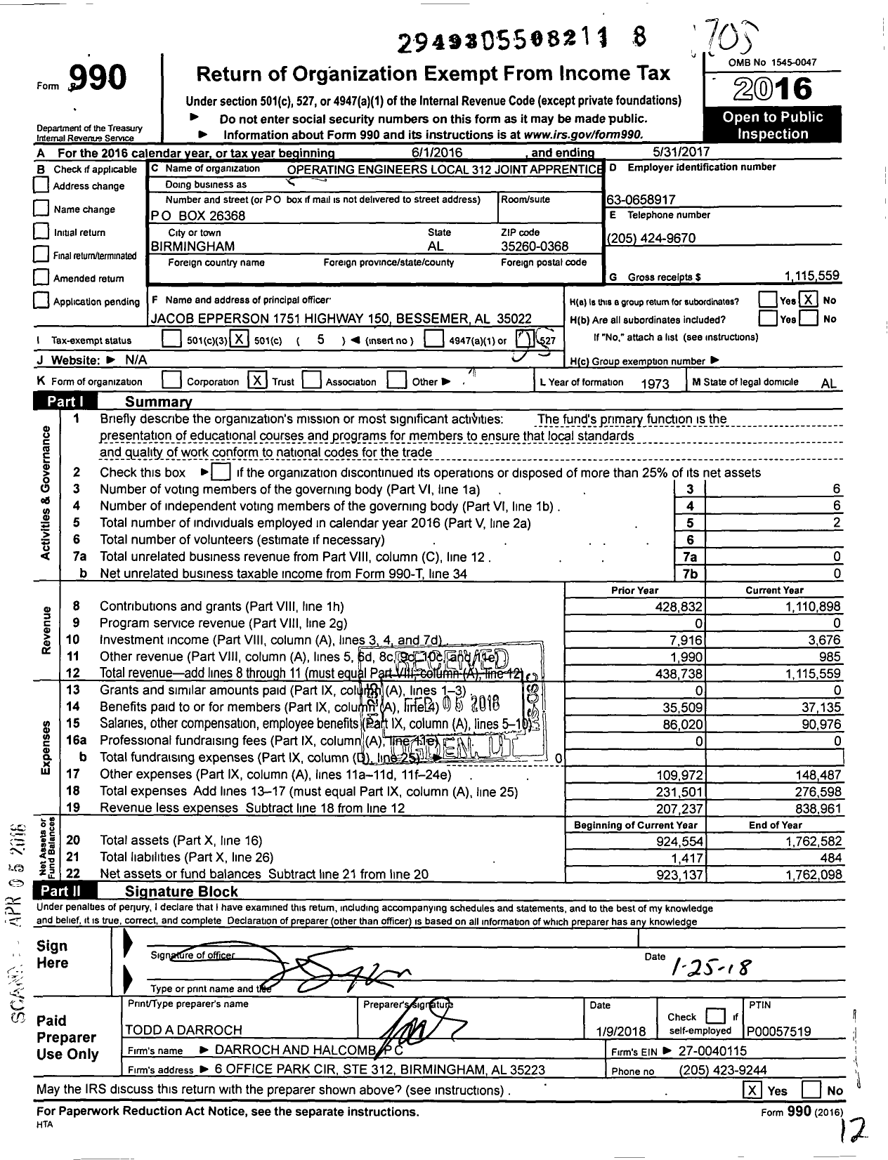 Image of first page of 2016 Form 990O for Operating Engineers Local 312 Joint Apprenticeship and Training Fund