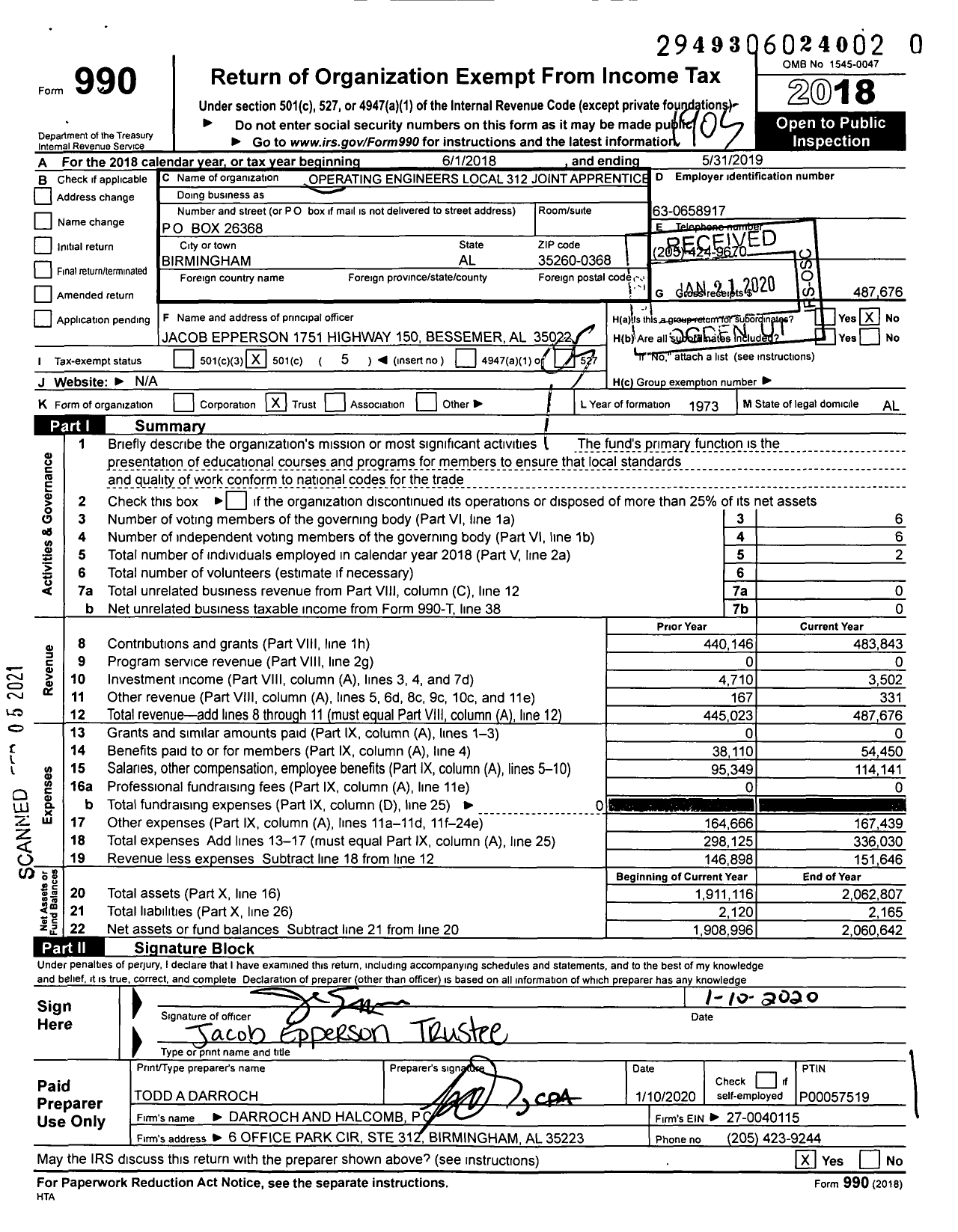 Image of first page of 2018 Form 990O for Operating Engineers Local 312 Joint Apprenticeship and Training Fund