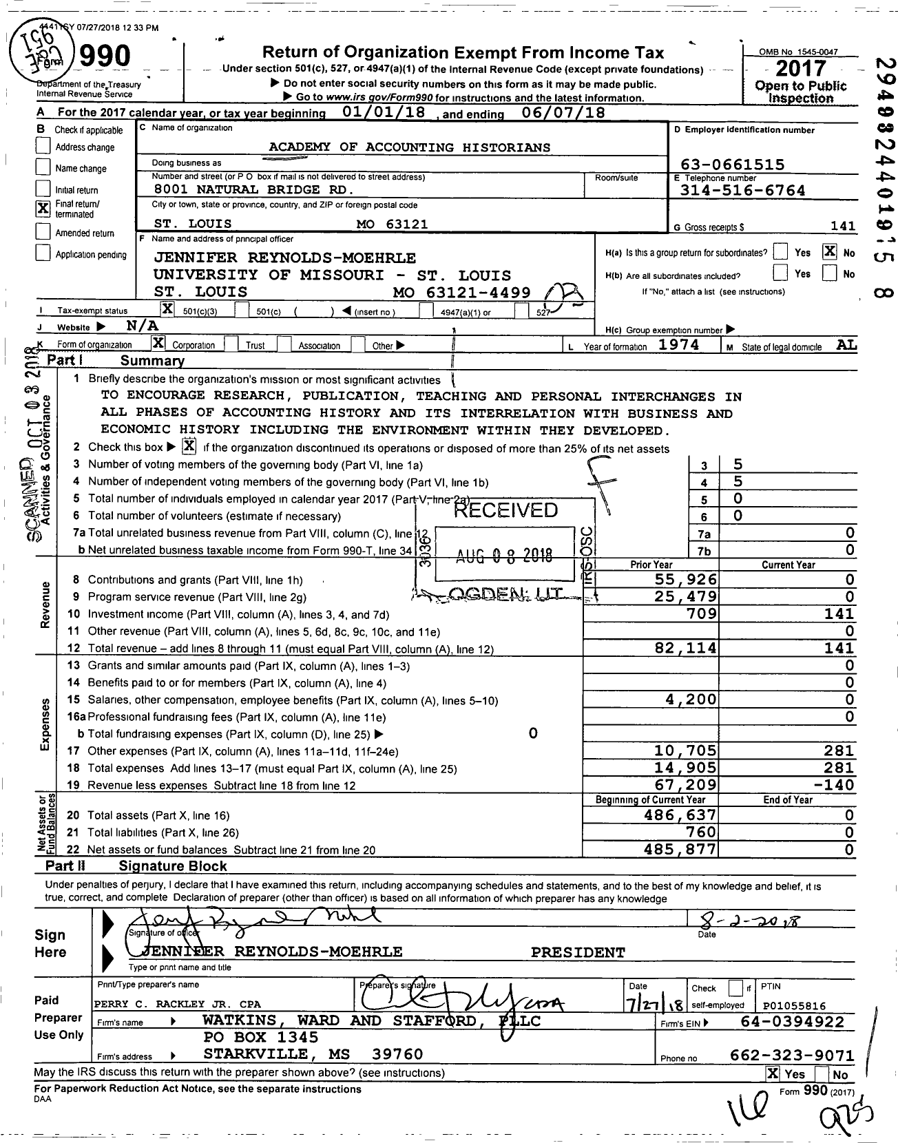 Image of first page of 2017 Form 990 for Academy of Accounting Historians