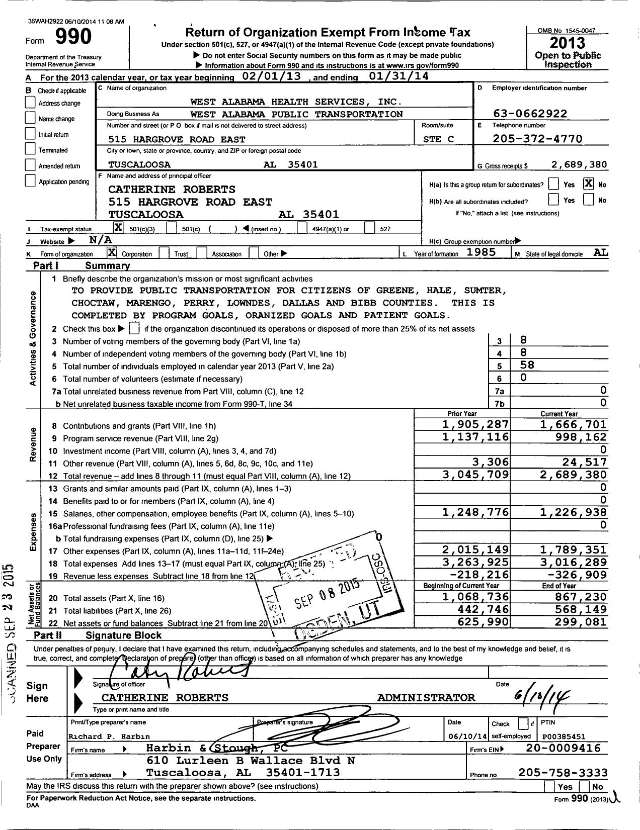 Image of first page of 2013 Form 990 for West Alabama Public Transportation