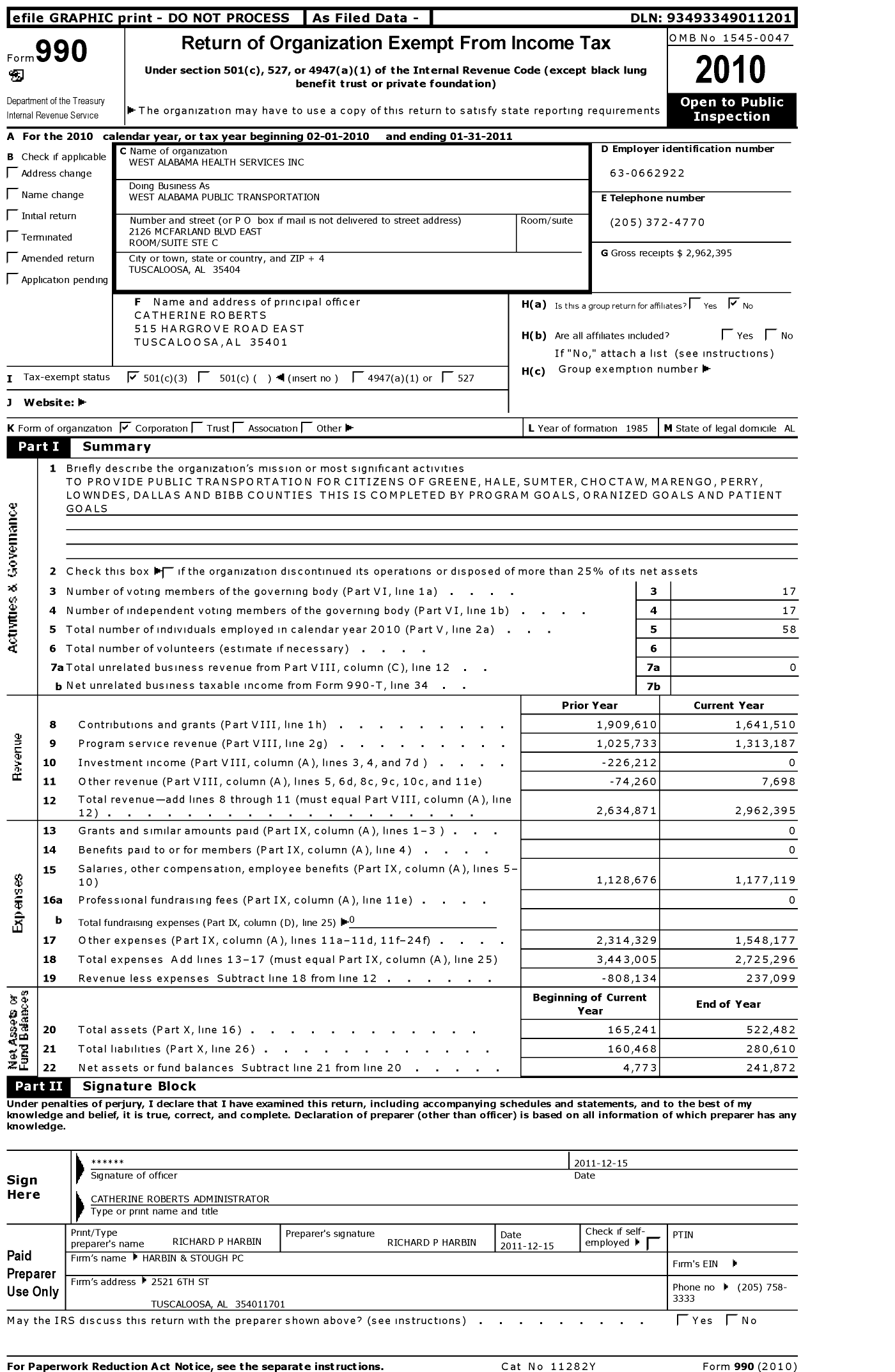 Image of first page of 2010 Form 990 for West Alabama Public Transportation