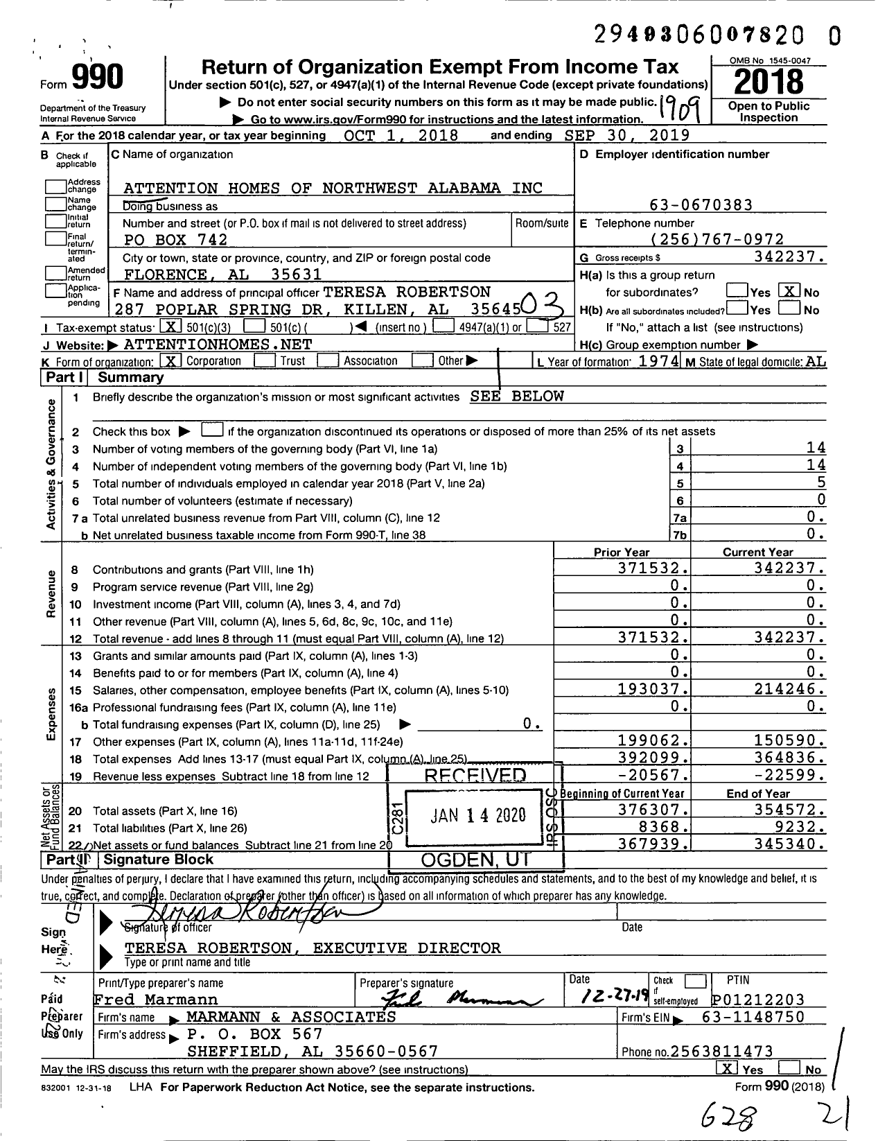 Image of first page of 2018 Form 990 for Attention Homes of Northwest Alabama