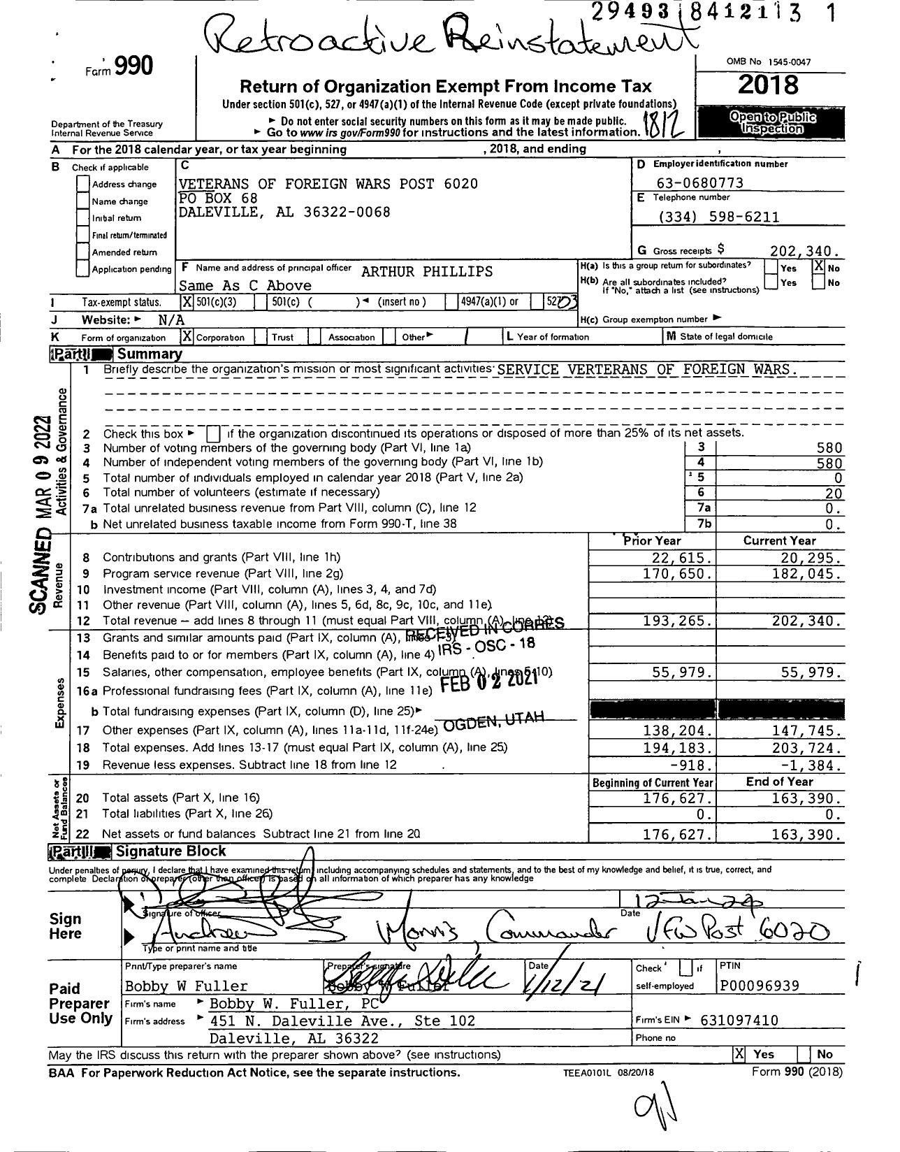 Image of first page of 2018 Form 990 for Veterans of Foreign Wars / Post 6020