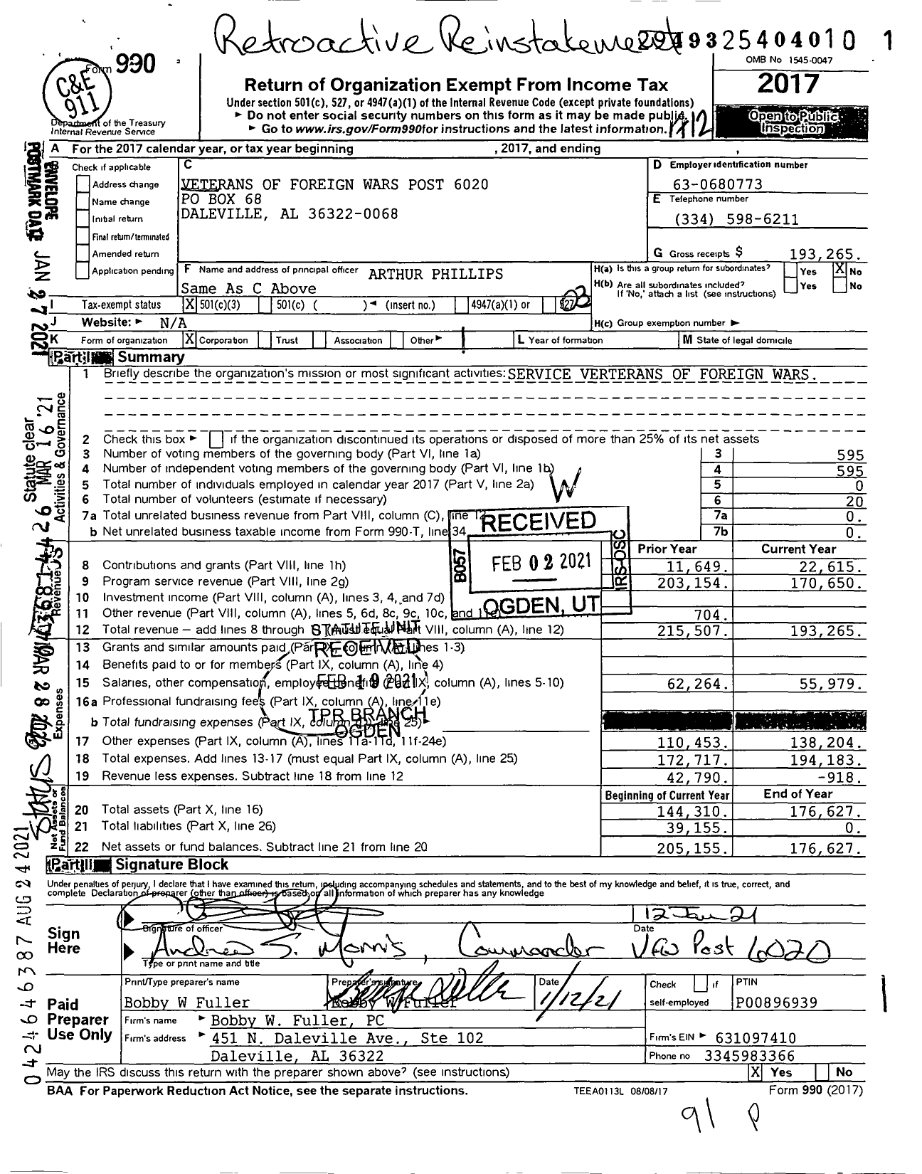 Image of first page of 2017 Form 990 for Veterans of Foreign Wars / Post 6020