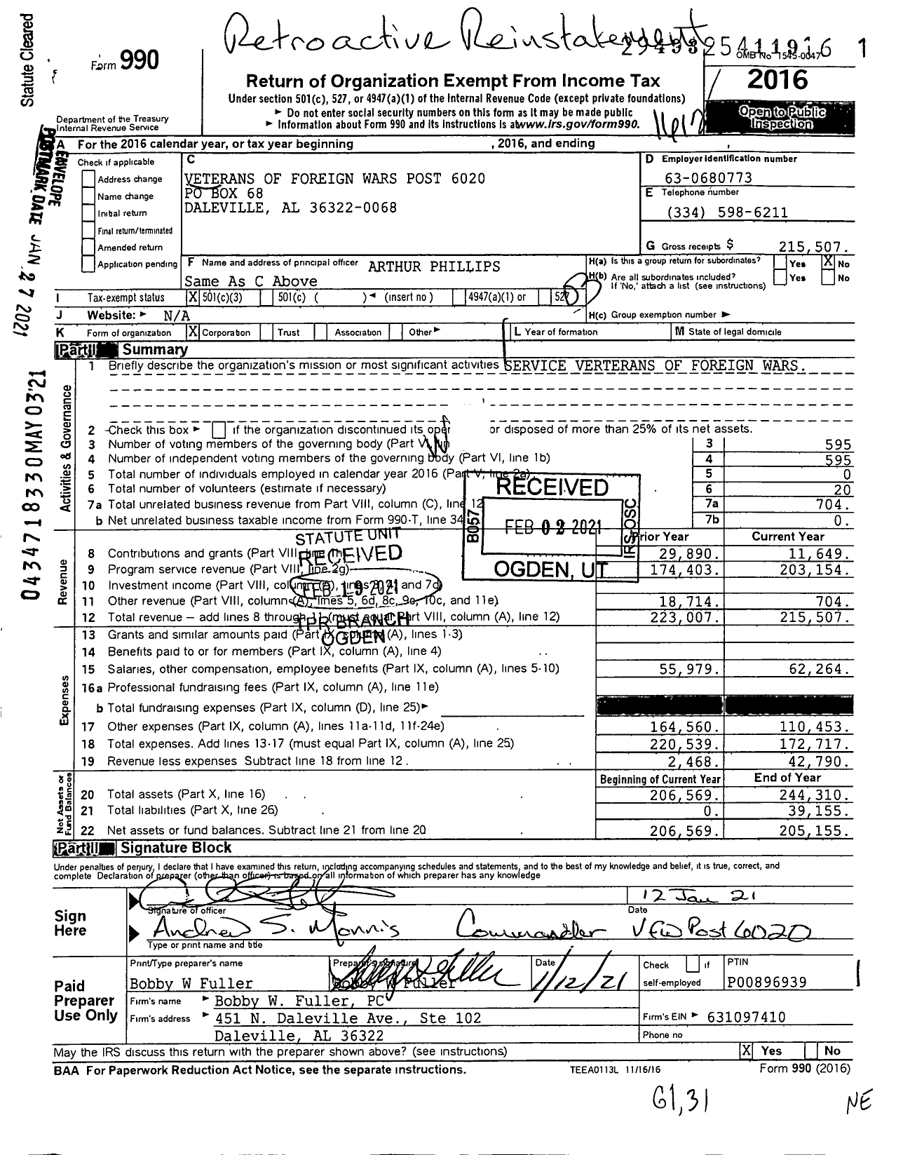 Image of first page of 2016 Form 990 for Veterans of Foreign Wars / Post 6020