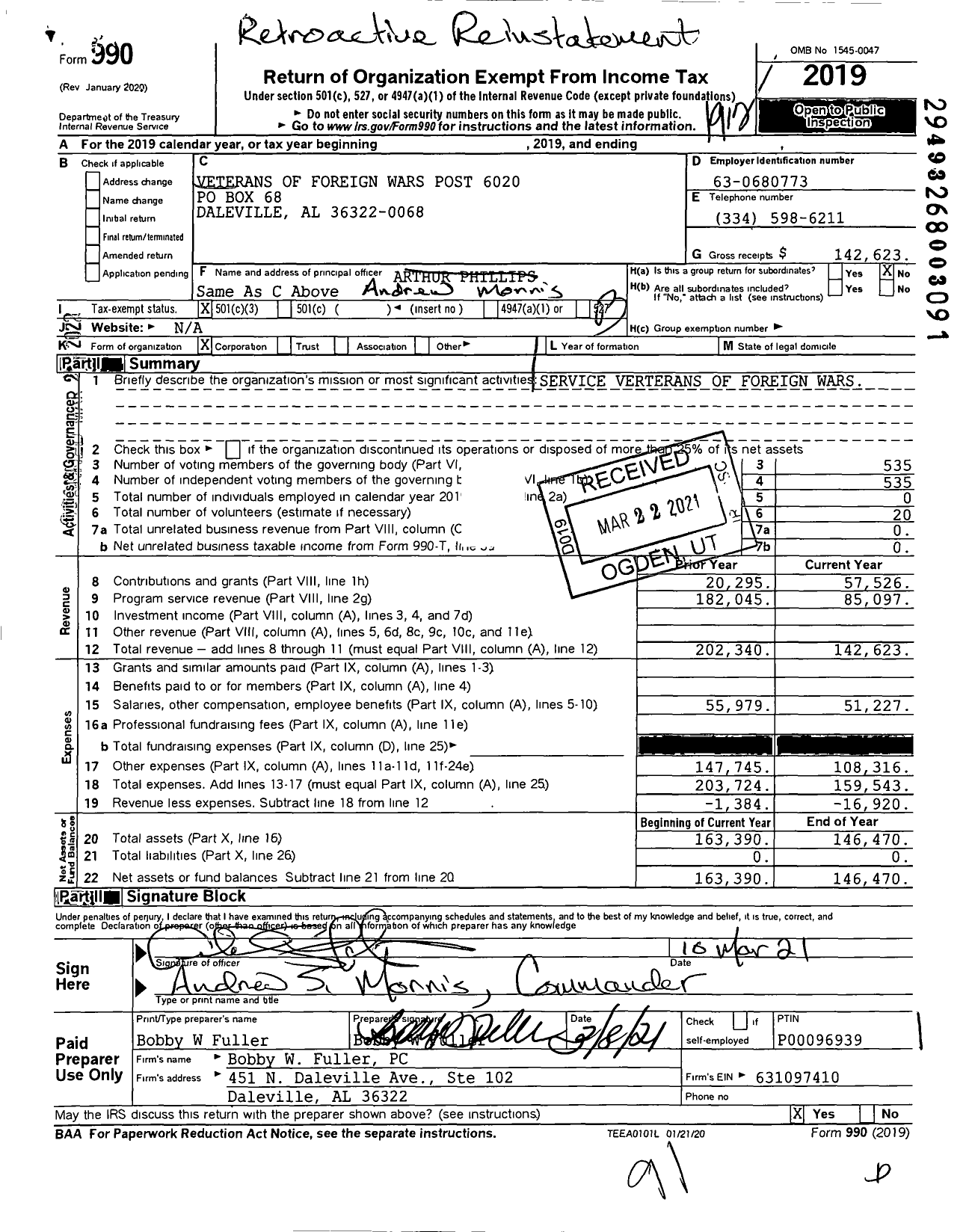 Image of first page of 2019 Form 990 for Veterans of Foreign Wars / Post 6020