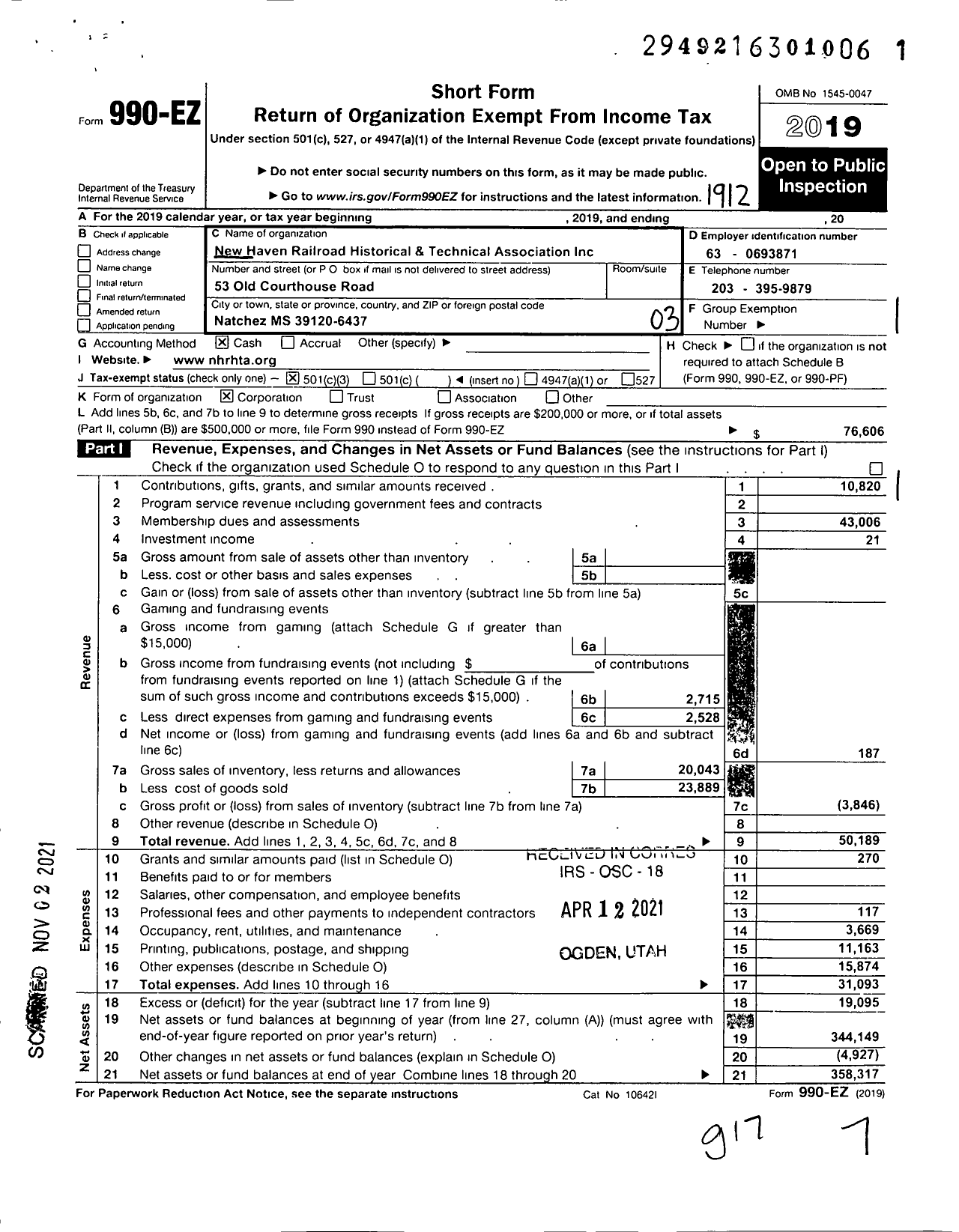 Image of first page of 2019 Form 990EZ for New Haven Railroad Historical and Technical Association