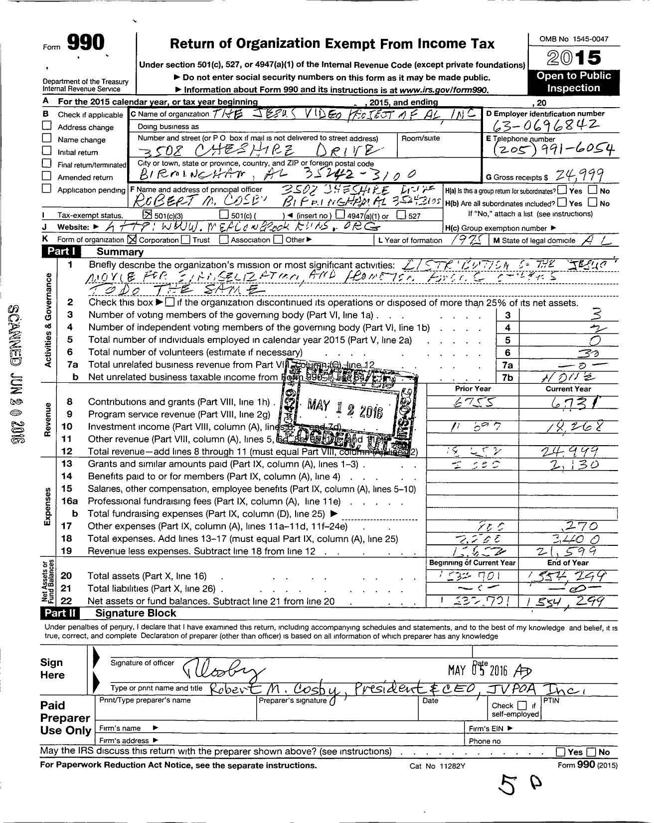 Image of first page of 2015 Form 990 for The Jesus Video Project of Alabama