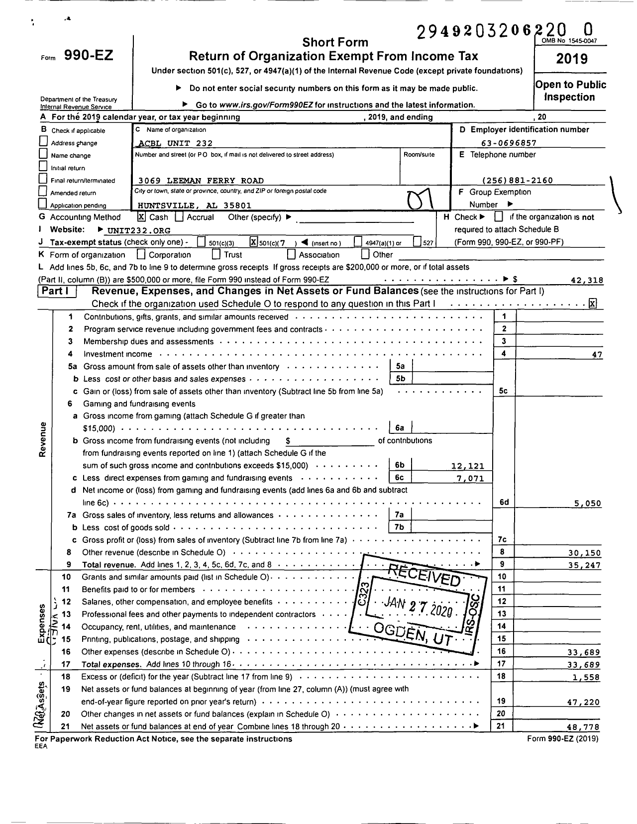 Image of first page of 2019 Form 990EO for North Alabama Unit 232 Acbl