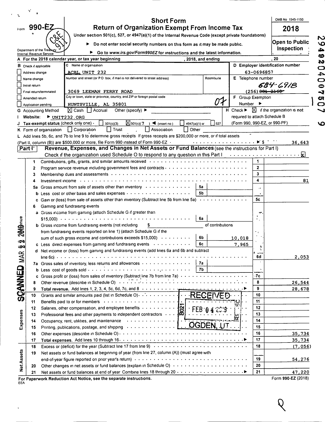 Image of first page of 2018 Form 990EO for North Alabama Unit 232 Acbl