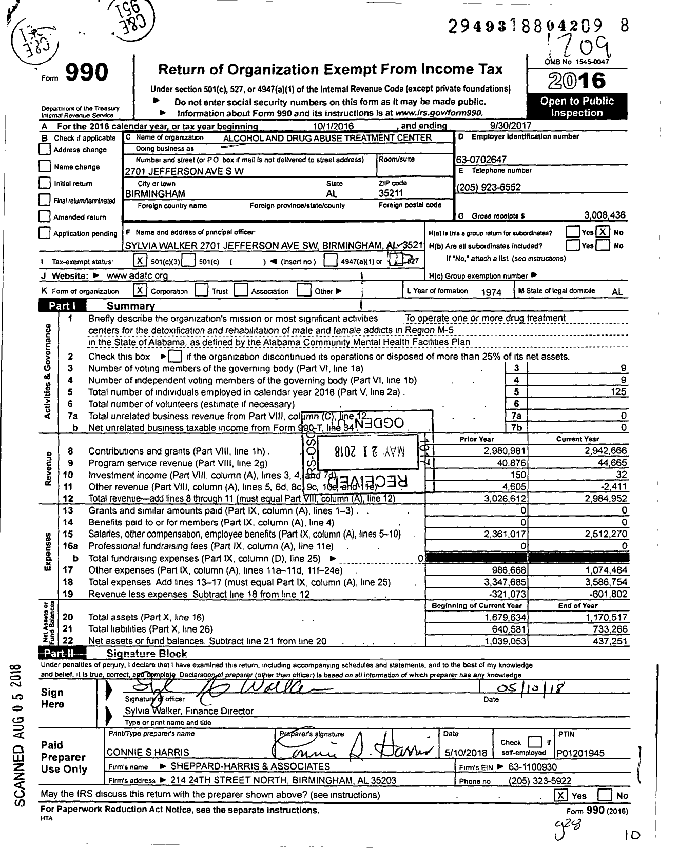 Image of first page of 2016 Form 990 for Alcohol and Drug Abuse Treatment Center