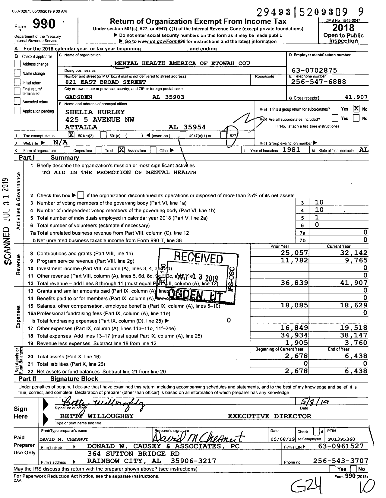 Image of first page of 2018 Form 990 for Mental Health America of Etowah County